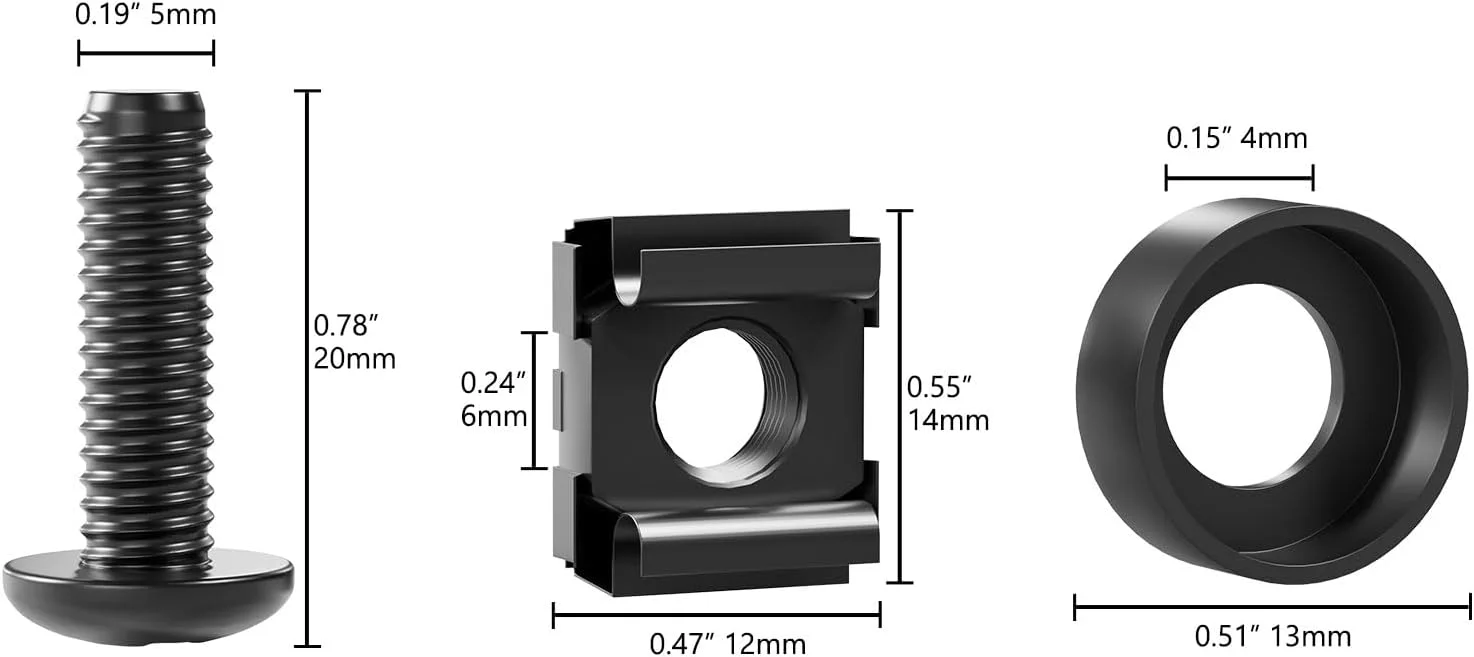 مجموعه مهره و پیچ قفسی FGB شامل ۱۰۰ عدد مهره قفسی و پیچ M6 - ۱۰۰ عدد M6 x 20 mm مناسب برای رک های پچ پنل، محفظه سرور ۱۹ اینچ و ۱۰ اینچ، کیت نصب فولادی برای کابینت های شبکه - مشکی