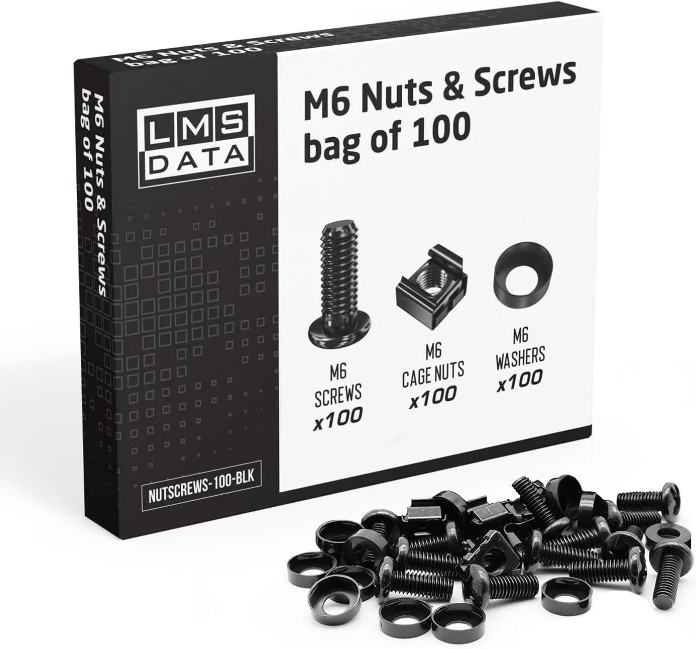 مجموعه مهره قفسی، پیچ و واشر دیتا M6 - برای نصب تجهیزات رک مونت به محفظه های شبکه (100 عدد، مشکی)