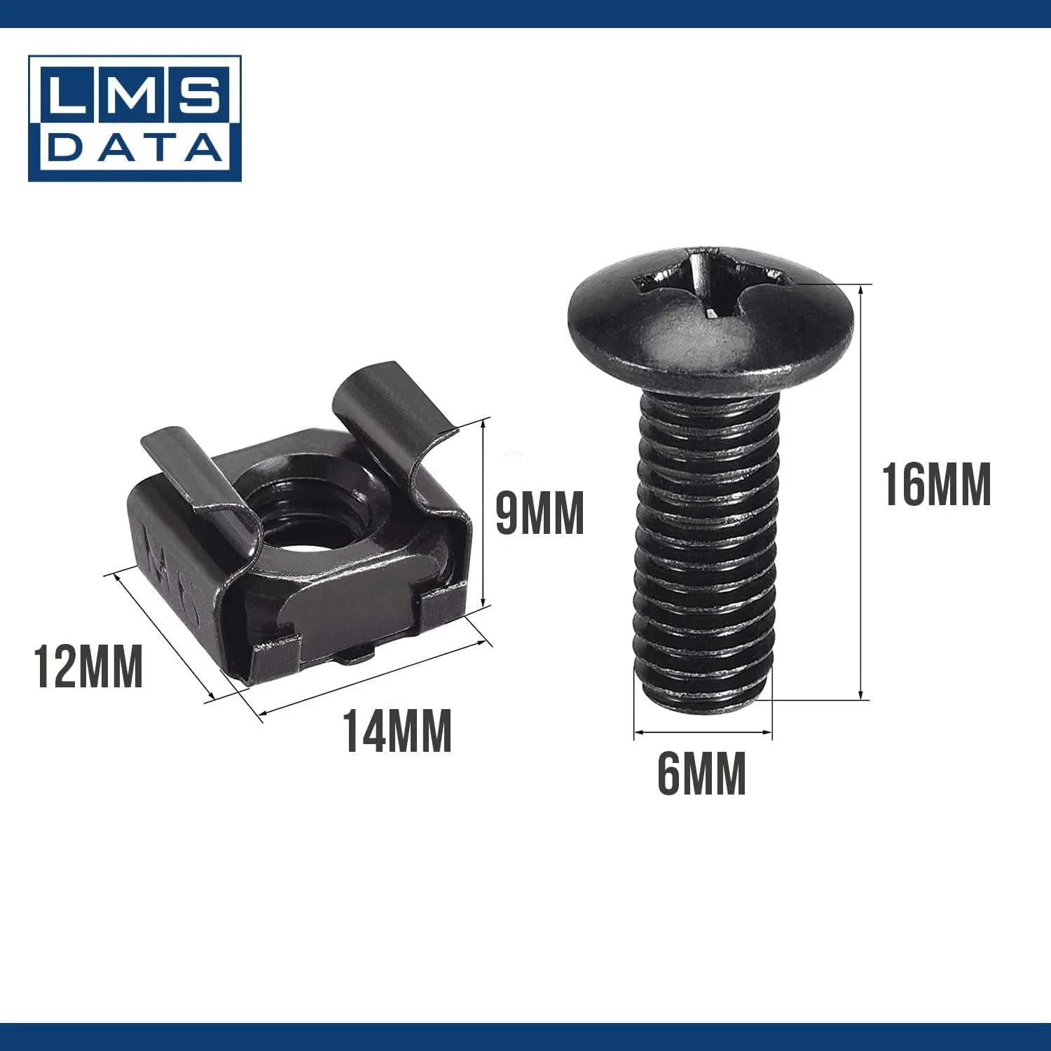 مجموعه مهره قفسی، پیچ و واشر دیتا M6 - برای نصب تجهیزات رک مونت به محفظه های شبکه (100 عدد، مشکی)
