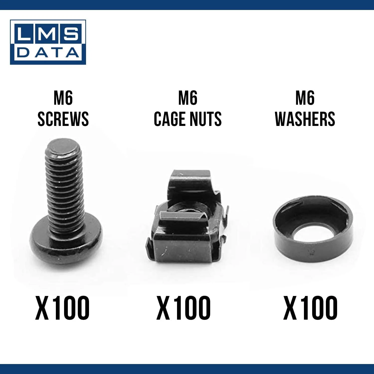مجموعه مهره قفسی، پیچ و واشر دیتا M6 - برای نصب تجهیزات رک مونت به محفظه های شبکه (100 عدد، مشکی)