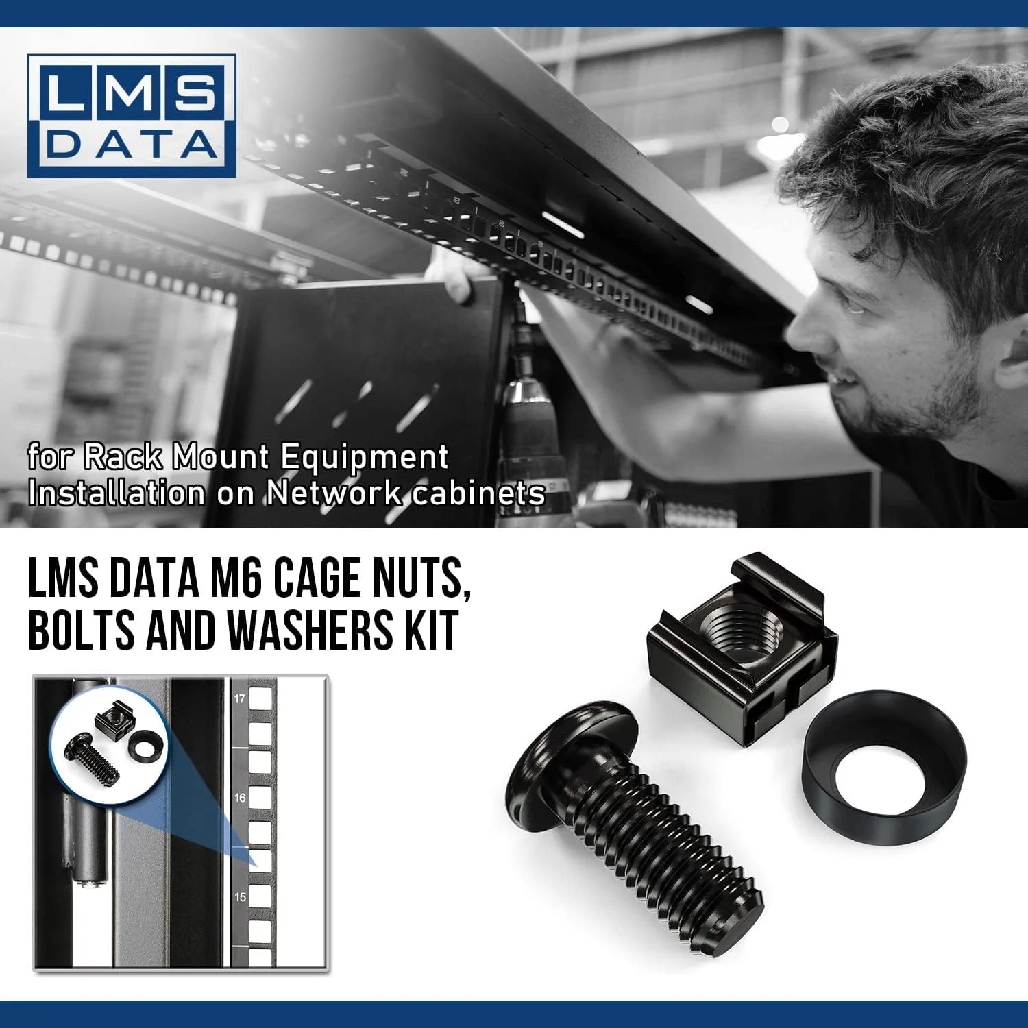 مجموعه مهره قفسی، پیچ و واشر دیتا M6 - برای نصب تجهیزات رک مونت به محفظه های شبکه (100 عدد، مشکی)