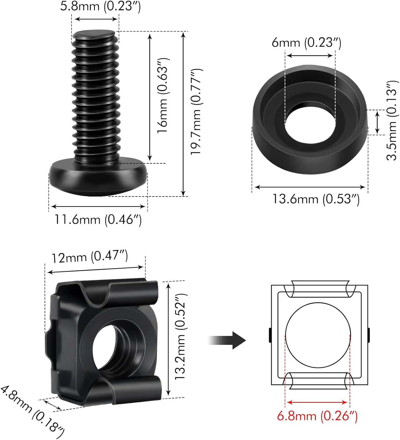 مجموعه 20 عددی مهره قفسی و پیچ M6 برای کابینت های شبکه، رک های سرور، ریل های رک AV، کیت نصب M6 برای قفسه های شبکه کابینت های 10 و 19 اینچی - مشکی