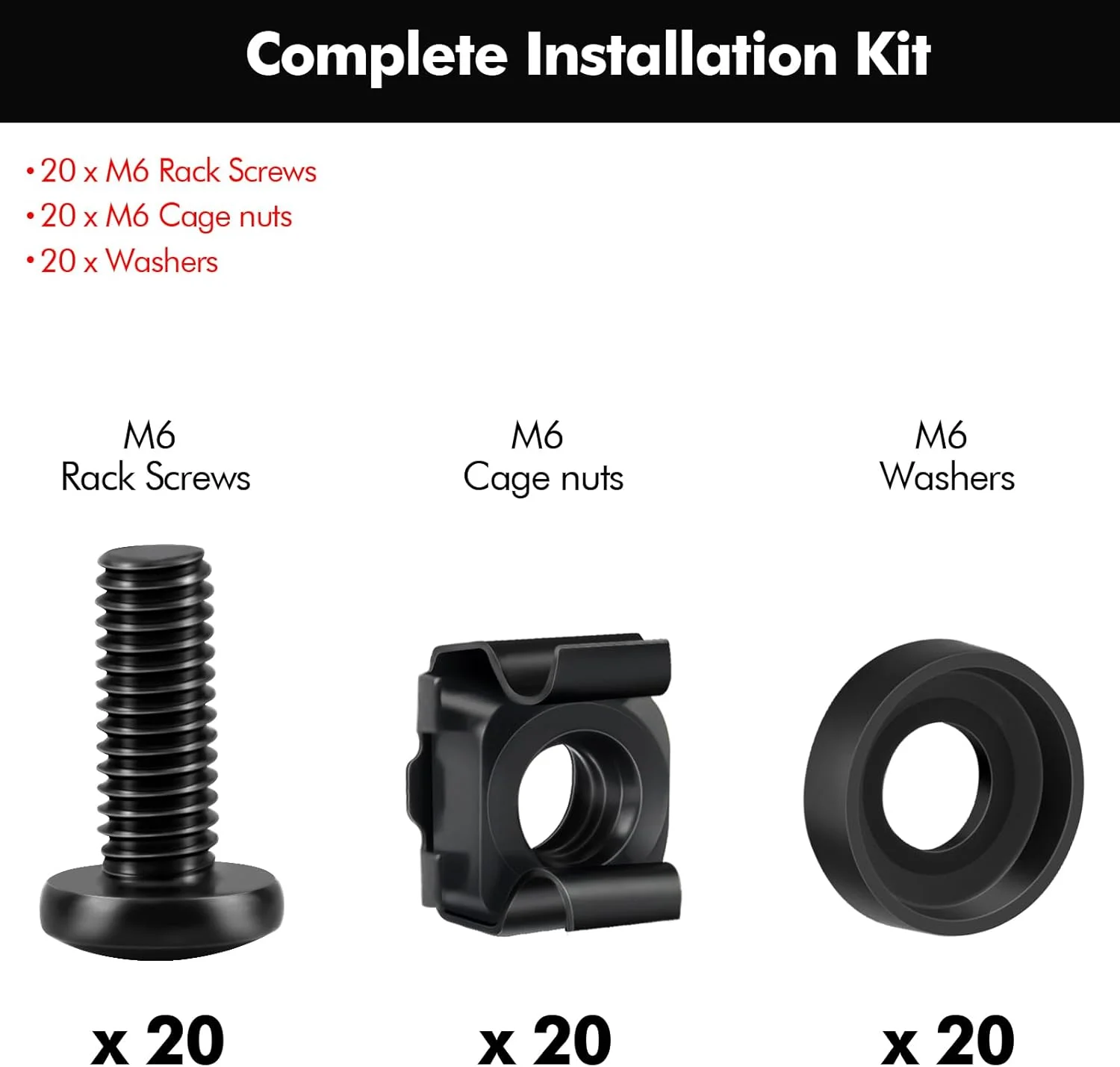 مجموعه 20 عددی مهره قفسی و پیچ M6 برای کابینت های شبکه، رک های سرور، ریل های رک AV، کیت نصب M6 برای قفسه های شبکه کابینت های 10 و 19 اینچی - مشکی