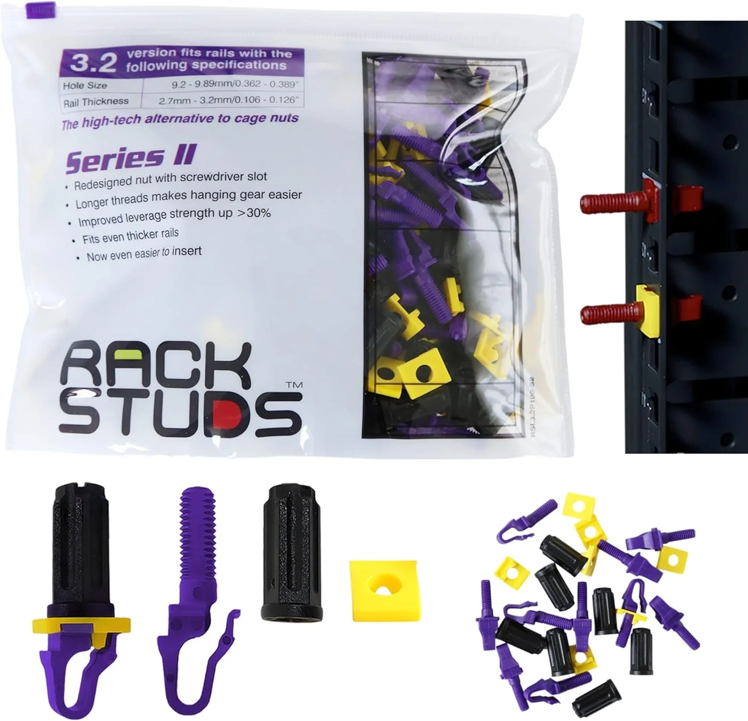 P100 Rack Mount II - پیچ های سرور برای ریل های عمودی پانچ شده مربعی 19 اینچی، جایگزین مهره قفسی، پایه های نصب - بنفش 3.2 میلی متر / 0.126 اینچ بسته 100 عددی