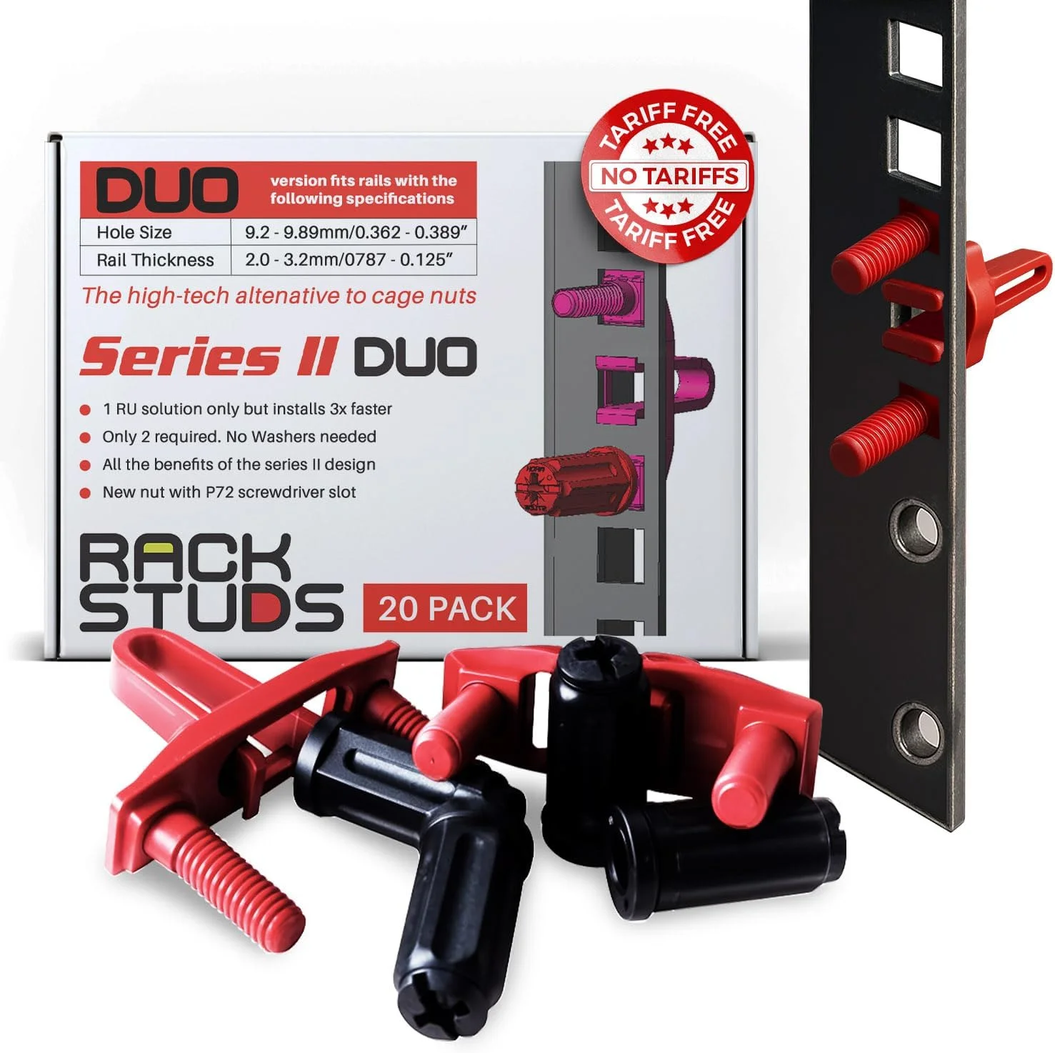 راهکار نصب رک Rackstuds DUO20 1RU Series II - جایگزینی آسان برای پیچ های رک معمولی و مهره های قفسی و پیچ های رک سرور، ایده آل برای راه اندازی سخت افزار سرور - بسته 20 عددی، جهانی