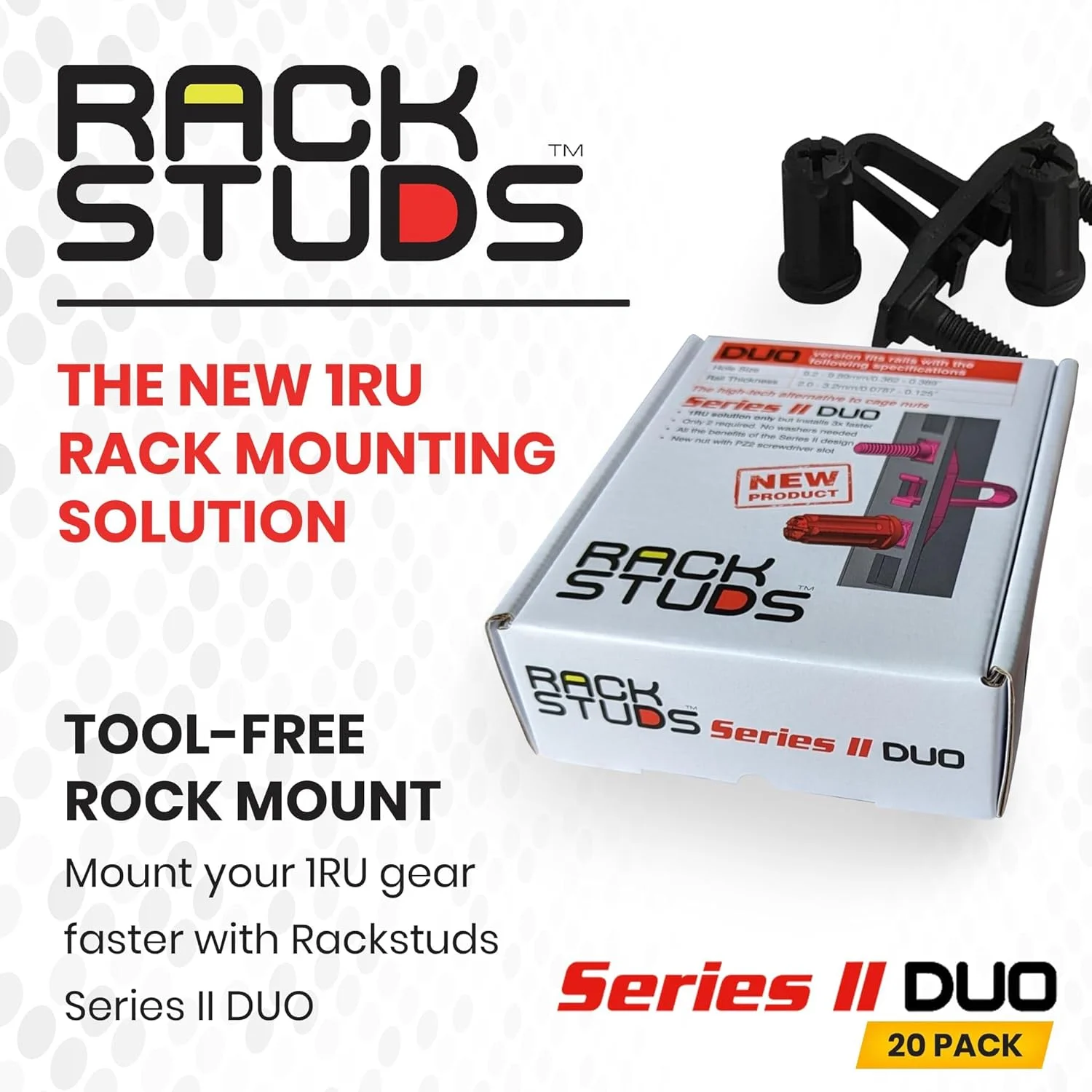 راهکار نصب رک Rackstuds DUO20 1RU Series II - جایگزینی آسان برای پیچ های رک معمولی و مهره های قفسی و پیچ های رک سرور، ایده آل برای راه اندازی سخت افزار سرور - بسته 20 عددی، جهانی