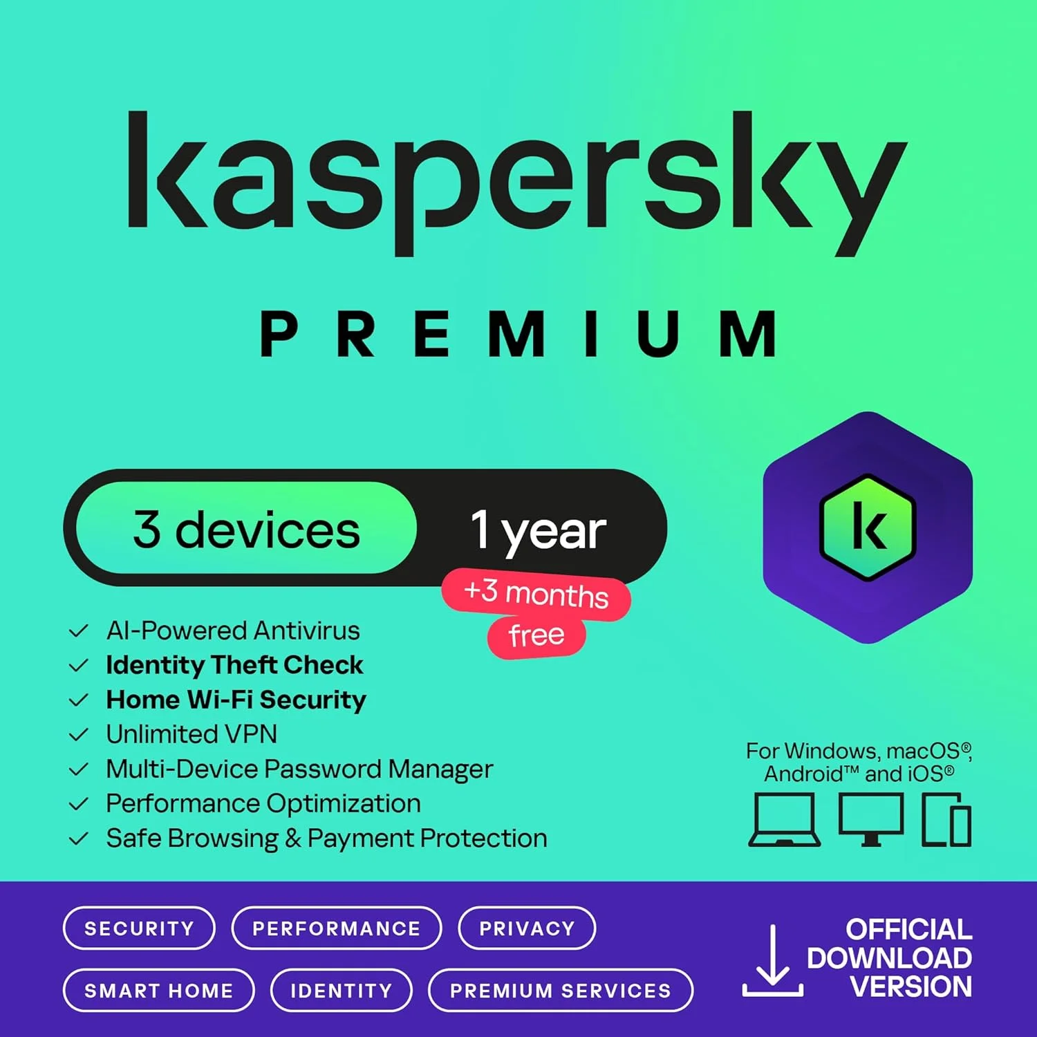 Kaspersky Premium 2025 | 3 دستگاه | 1 سال + 3 ماه رایگان | AV مجهز به هوش مصنوعی | مرور ایمن | ضد فیشینگ | VPN نامحدود | مدیریت رمز عبور | مانیتور خانه هوشمند | پشتیبانی IT ممتاز | PC/Mac/Mobile