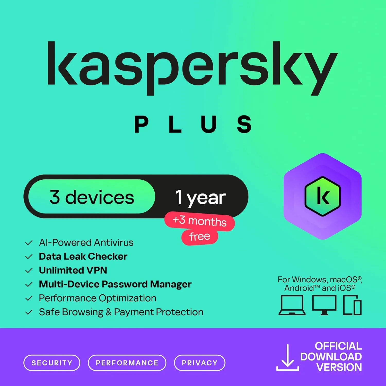 Kaspersky Plus Internet Security 2025 | 3 دستگاه | 1 سال + 3 ماه رایگان | آنتی ویروس مجهز به هوش مصنوعی | مرور ایمن | ضد فیشینگ | VPN نامحدود | مدیریت رمز عبور | PC/Mac/Mobile