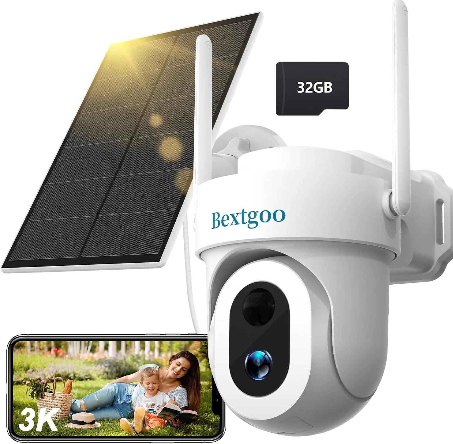 دوربین امنیتی خورشیدی 3K، دوربین امنیتی خانگی بی سیم 5 مگاپیکسلی با کارت TF 32 گیگابایتی، دوربین چرخشی 360 درجه PTZ با باتری، دید در شب رنگی، نورافکن، تشخیص انسان، وای فای 2.4 گیگاهرتز، بدون هزینه اشتراک ماهانه
