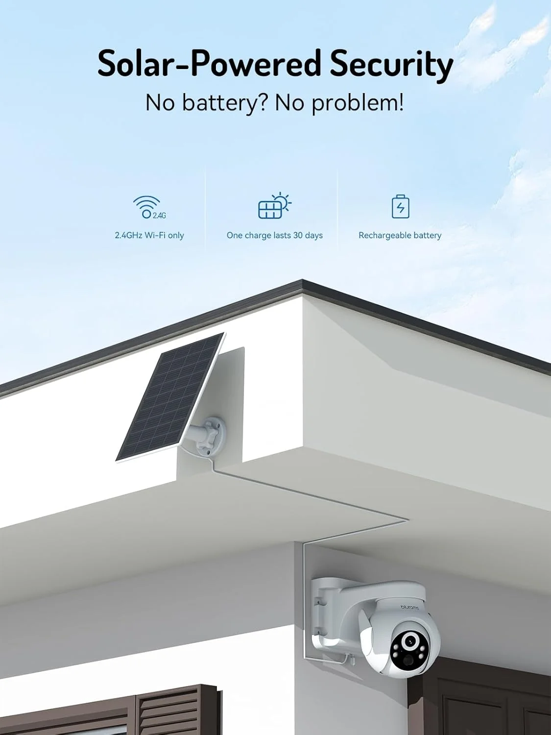 دوربین خورشیدی بی‌سیم blurams برای فضای باز، دوربین‌های امنیتی بی‌سیم PTZ 360 درجه برای فضای باز با ردیابی خودکار انسان، دید در شب رنگی/مادون قرمز 2K، باتری خور، فقط 2.4 گیگاهرتز