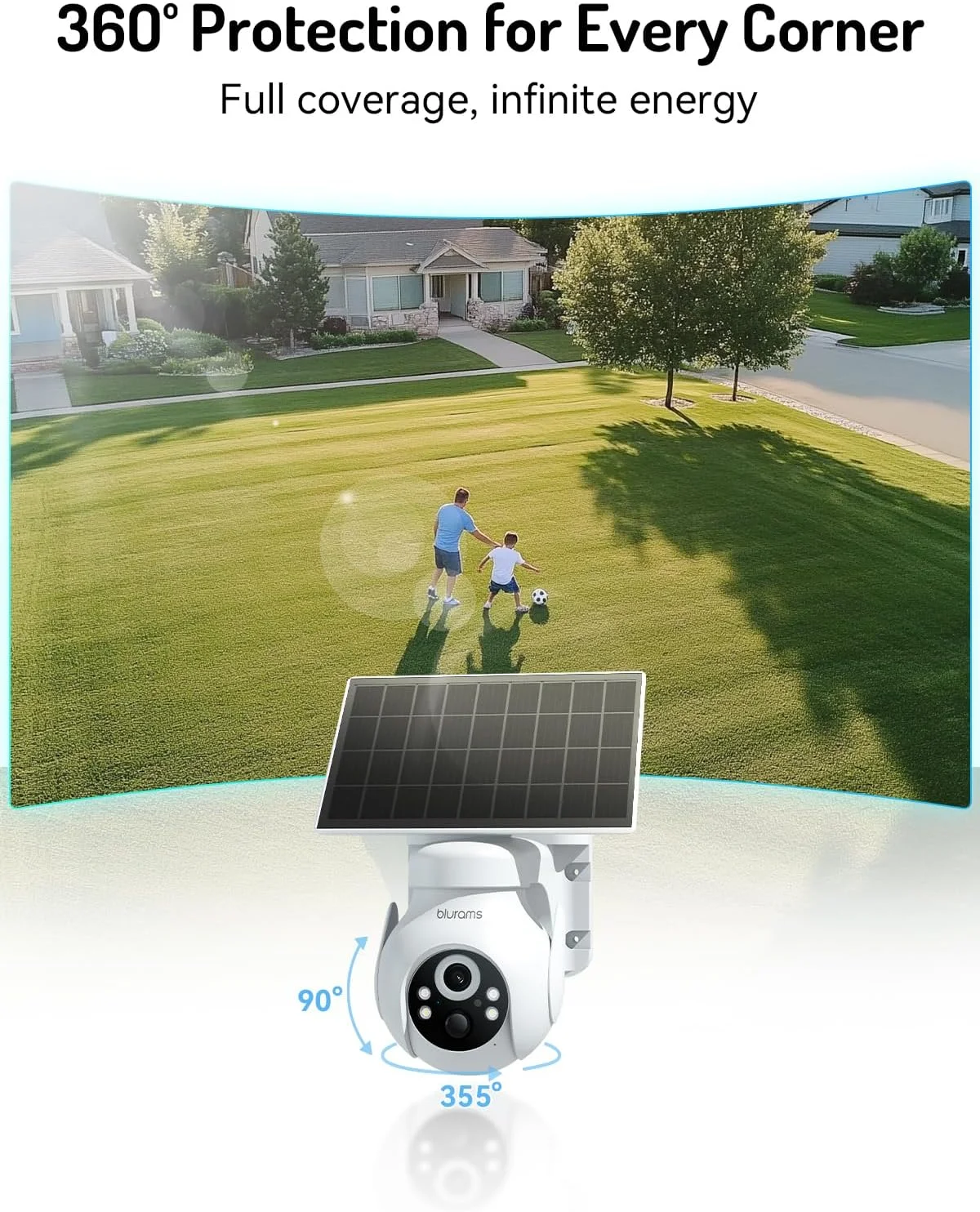 دوربین خورشیدی بی‌سیم blurams برای فضای باز، دوربین‌های امنیتی بی‌سیم PTZ 360 درجه برای فضای باز با ردیابی خودکار انسان، دید در شب رنگی/مادون قرمز 2K، باتری خور، فقط 2.4 گیگاهرتز