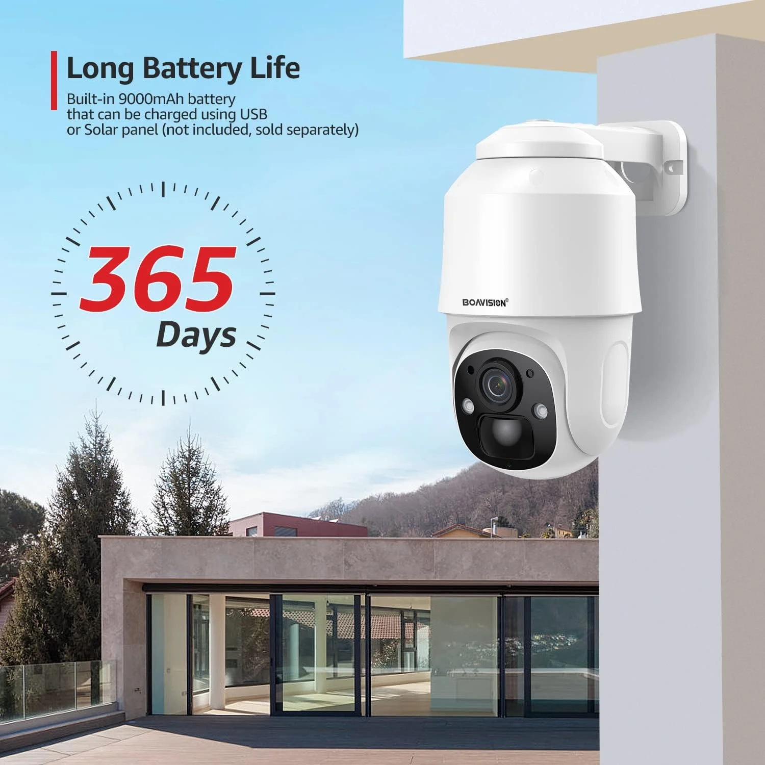 دوربین امنیتی بی سیم وای فای PTZ با باتری BOAVISION، چرخش 355 درجه، ضد آب IP66، دید در شب رنگی، مکالمه دو طرفه، آژیر و نورافکن