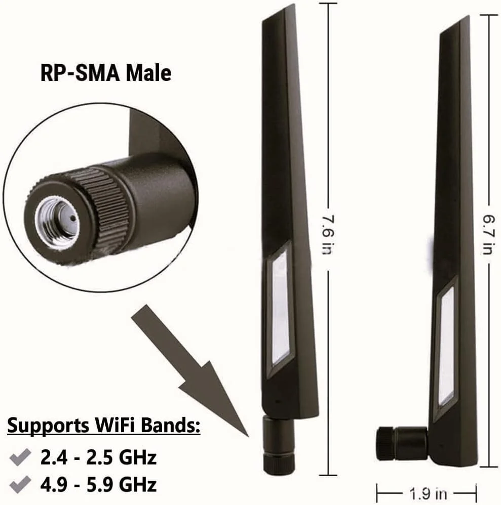 آنتن های وای فای تقویت کننده سیگنال دو بانده 10dBi مشکی و مشکی (2.4GHz/5GHz-5.8GHz) با کانکتور RP-SMA نر برای دوربین بی سیم، روتر، هات اسپات - بسته 2 عددی