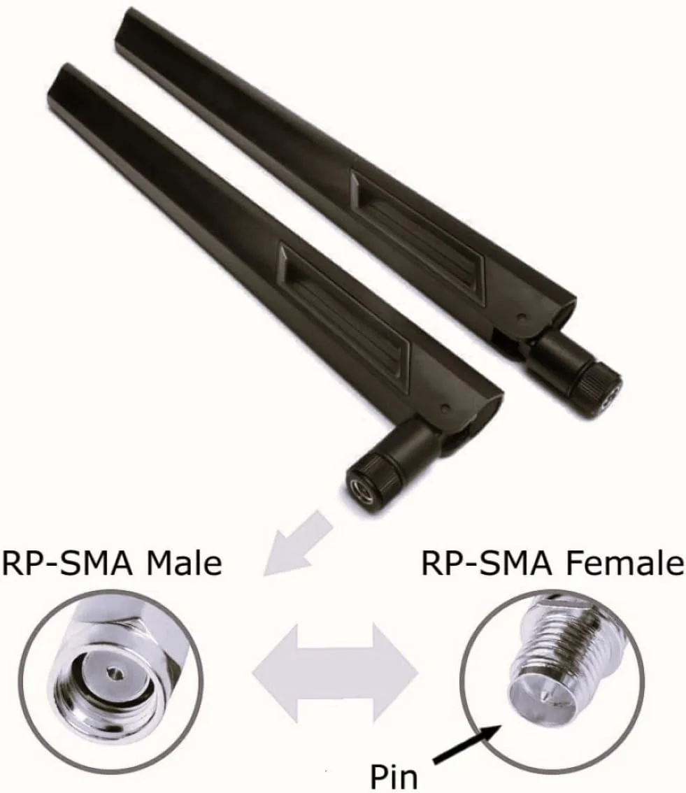 آنتن های وای فای تقویت کننده سیگنال دو بانده 10dBi مشکی و مشکی (2.4GHz/5GHz-5.8GHz) با کانکتور RP-SMA نر برای دوربین بی سیم، روتر، هات اسپات - بسته 2 عددی