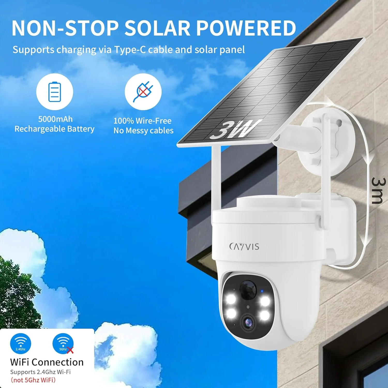 دوربین مداربسته خورشیدی بی‌سیم PTZ کایویس 2K 3MP مناسب فضای باز با قابلیت تشخیص انسان توسط هوش مصنوعی، دید در شب رنگی، سازگار با الکسا، صدای دو طرفه و استاندارد IP66