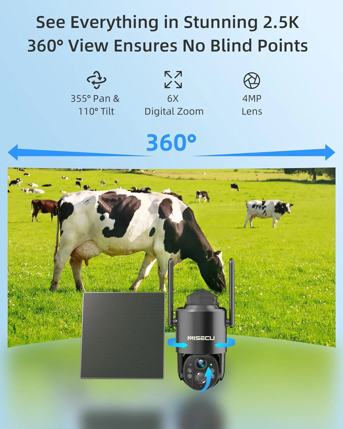 دوربین امنیتی خورشیدی سلولار 4G LTE بی سیم فضای باز، بدون نیاز به وای فای، دید در شب رنگی 2.5K، تشخیص حرکت هوش مصنوعی، نمای زنده 360 درجه PTZ، مکالمه 2 طرفه، دارای سیم کارت داخلی (2 عدد)