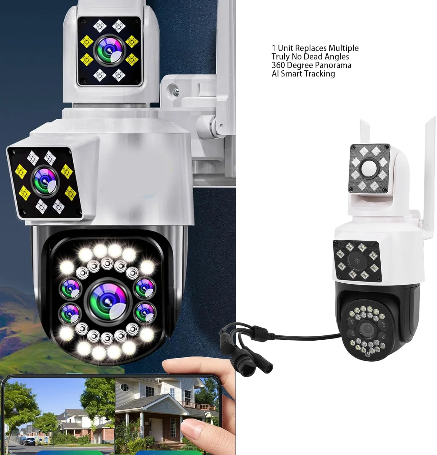 دوربین امنیتی سه لنز PTZ بیرونی GOWENIC، دوربین وای فای برای امنیت خانه، تشخیص انسان، دید در شب رنگی، اشتراک گذاری از راه دور برنامه (دوشاخه UK)