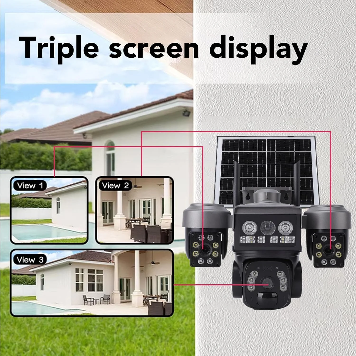 دوربین امنیتی خورشیدی 4G LTE Dpofirs، دوربین های بی سیم سه لنز بیرونی، تشخیص حرکت PIR، نمای پانوراما 360 درجه، دوربین امنیتی PTZ بی سیم بیرونی، برای امنیت خانه