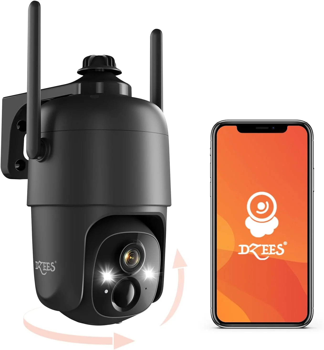 دوربین های امنیتی بی سیم فضای باز Dzees، دوربین امنیتی 2K با باتری، دوربین 360 درجه PTZ با نورافکن، آژیر، دید در شب رنگی، تشخیص هوش مصنوعی، IP66 برای امنیت خانه، 2.4 گیگاهرتز