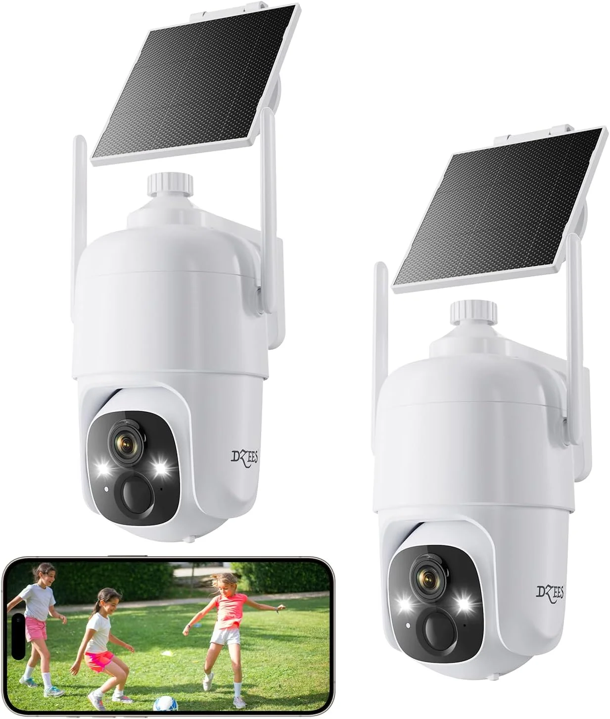 دوربین های امنیتی خورشیدی بی سیم فضای باز، دوربین امنیتی 2K با باتری، دوربین 360 درجه PTZ با نورافکن، آژیر، دید در شب رنگی، تشخیص هوش مصنوعی، IP66 برای امنیت خانه، 2.4 گیگاهرتز 2 عددی