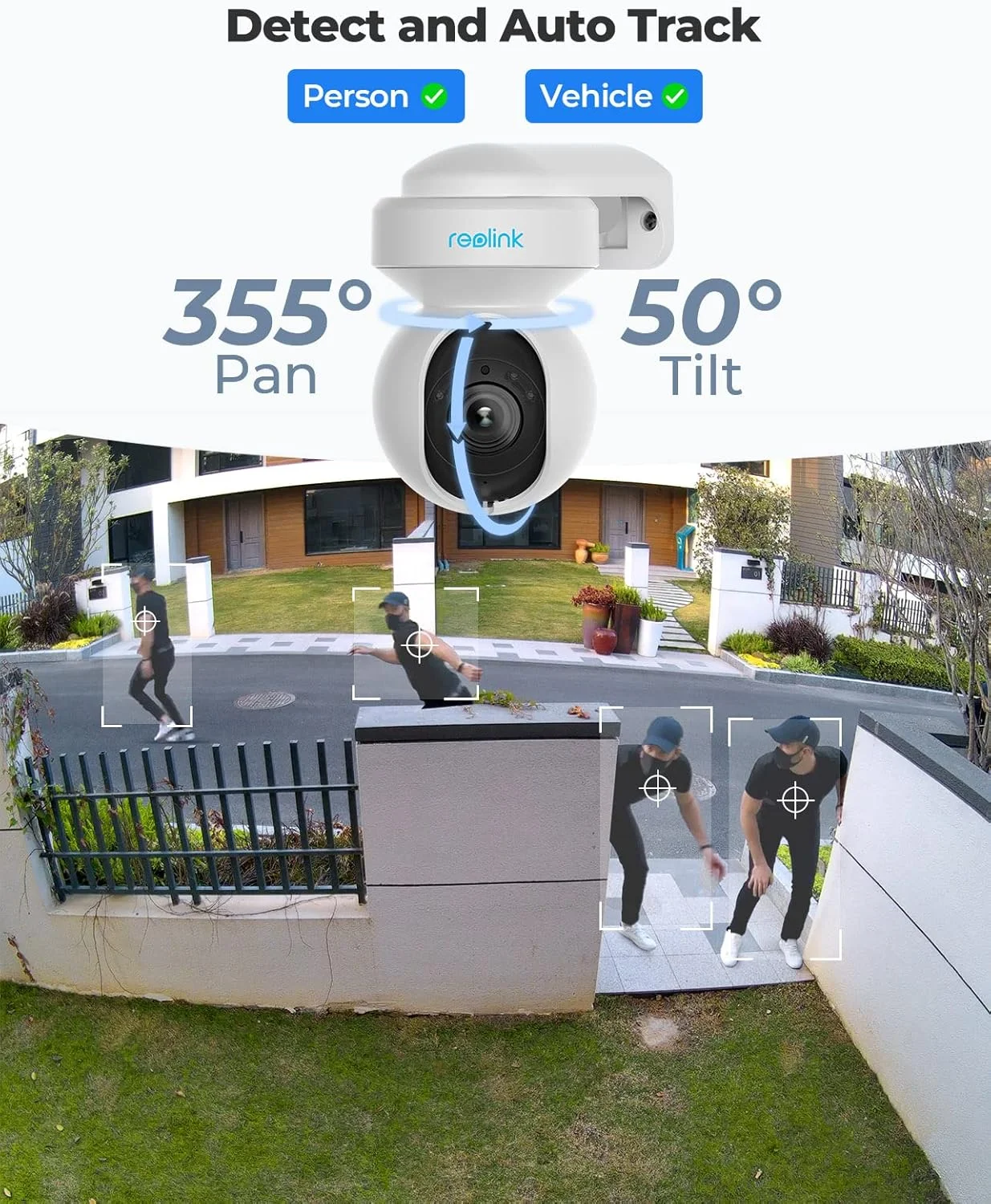 دوربین امنیتی وای فای چرخشی 5 مگاپیکسلی Reolink E1 مناسب فضای باز با نورافکن های حرکتی، ردیابی خودکار، وای فای 2.4 / 5 گیگاهرتز، دید در شب رنگی، زوم اپتیکال 3X، هشدارهای تشخیص انسان/خودرو