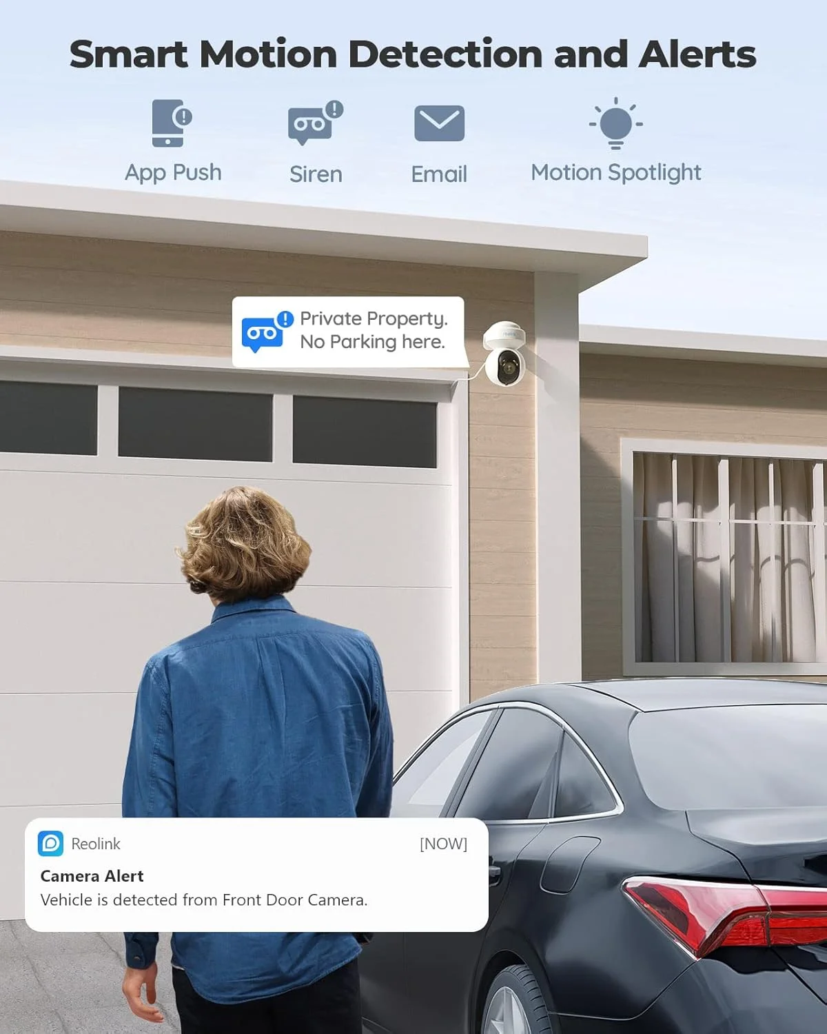 دوربین امنیتی وای فای چرخشی 5 مگاپیکسلی Reolink E1 مناسب فضای باز با نورافکن های حرکتی، ردیابی خودکار، وای فای 2.4 / 5 گیگاهرتز، دید در شب رنگی، زوم اپتیکال 3X، هشدارهای تشخیص انسان/خودرو