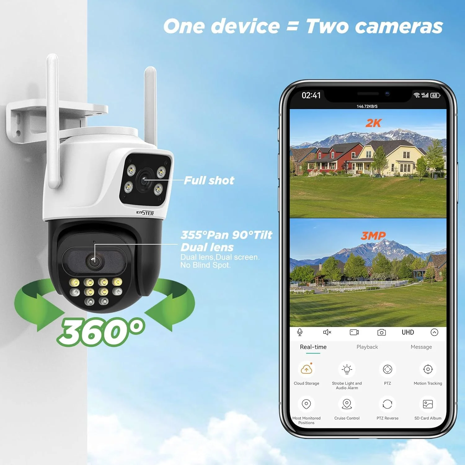 دوربین مداربسته 2K انستر - دوربین فضای باز PTZ با لنز دوگانه - ردیابی خودکار، دوربین وای فای با تشخیص انسان - دید در شب رنگی 360 درجه سازگار با الکسا