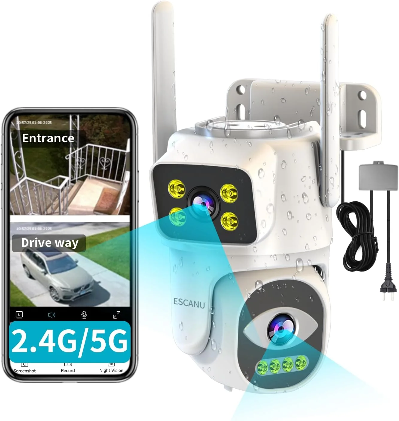 دوربین امنیتی دو لنز ESCANU، دوربین وای فای برای امنیت خانه، نظارت بر فضای باز خانه، PTZ، صدای دو طرفه، ردیابی خودکار، دید در شب، ضبط مداوم 24/7، ضد آب و هوا IP65