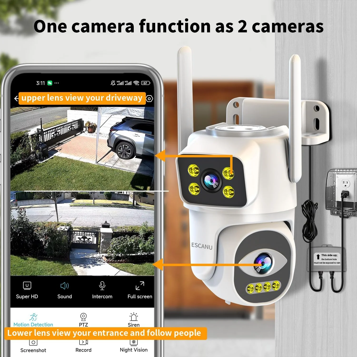 دوربین امنیتی دو لنز ESCANU، دوربین وای فای برای امنیت خانه، نظارت بر فضای باز خانه، PTZ، صدای دو طرفه، ردیابی خودکار، دید در شب، ضبط مداوم 24/7، ضد آب و هوا IP65