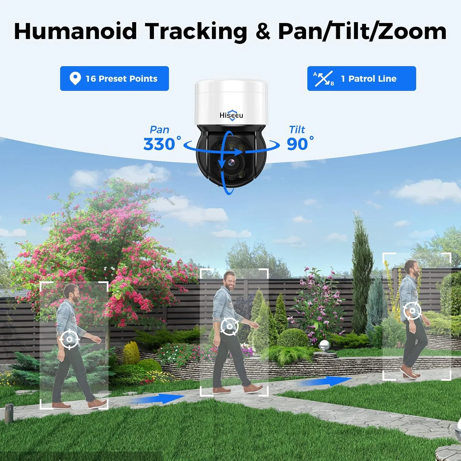 دوربین امنیتی چرخشی PoE با کیفیت 4K و دید 330 درجه، مناسب فضای باز و امنیت خانه، دارای صدای دو طرفه، نورافکن و آلارم صوتی، دید در شب رنگی، تشخیص انسان و وسیله نقلیه، دسترسی از راه دور