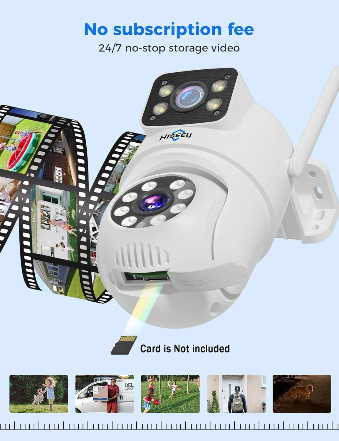 دوربین امنیتی بی سیم دو لنز Hiseeu 5G/2.4G WiFi PTZ دوربین فضای باز IP65 ضد آب ردیابی حرکت، دید در شب رنگی، کابل پلاگین، بدون هزینه ماهانه کار با سیستم دوربین بی سیم