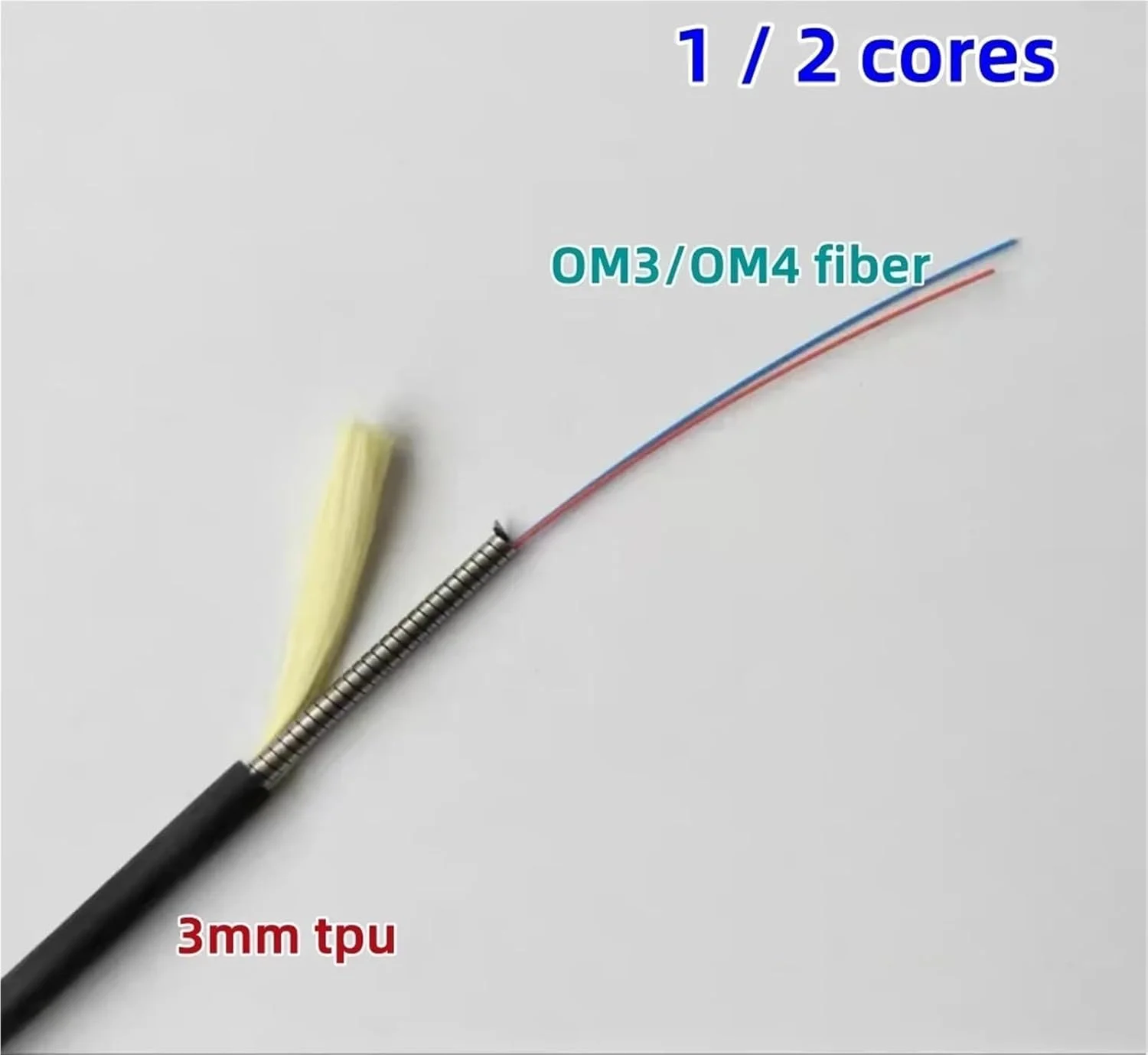 کابل فیبر نوری ۱۰۰ متری OM3 OM4 TPU 3 میلی متری تک رشته ای دوبلکس (OM3 2 هسته)