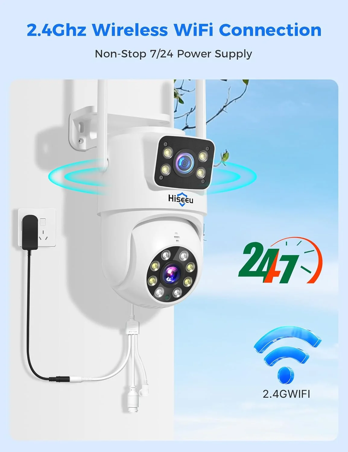 دوربین امنیتی وای فای 3 مگاپیکسلی دو لنز Hiseeu، دوربین وای فای PTZ دید دوگانه 2.4G/5G، چرخش 360 درجه، تشخیص شخص با نظارت خودکار، دید در شب رنگی، IP66