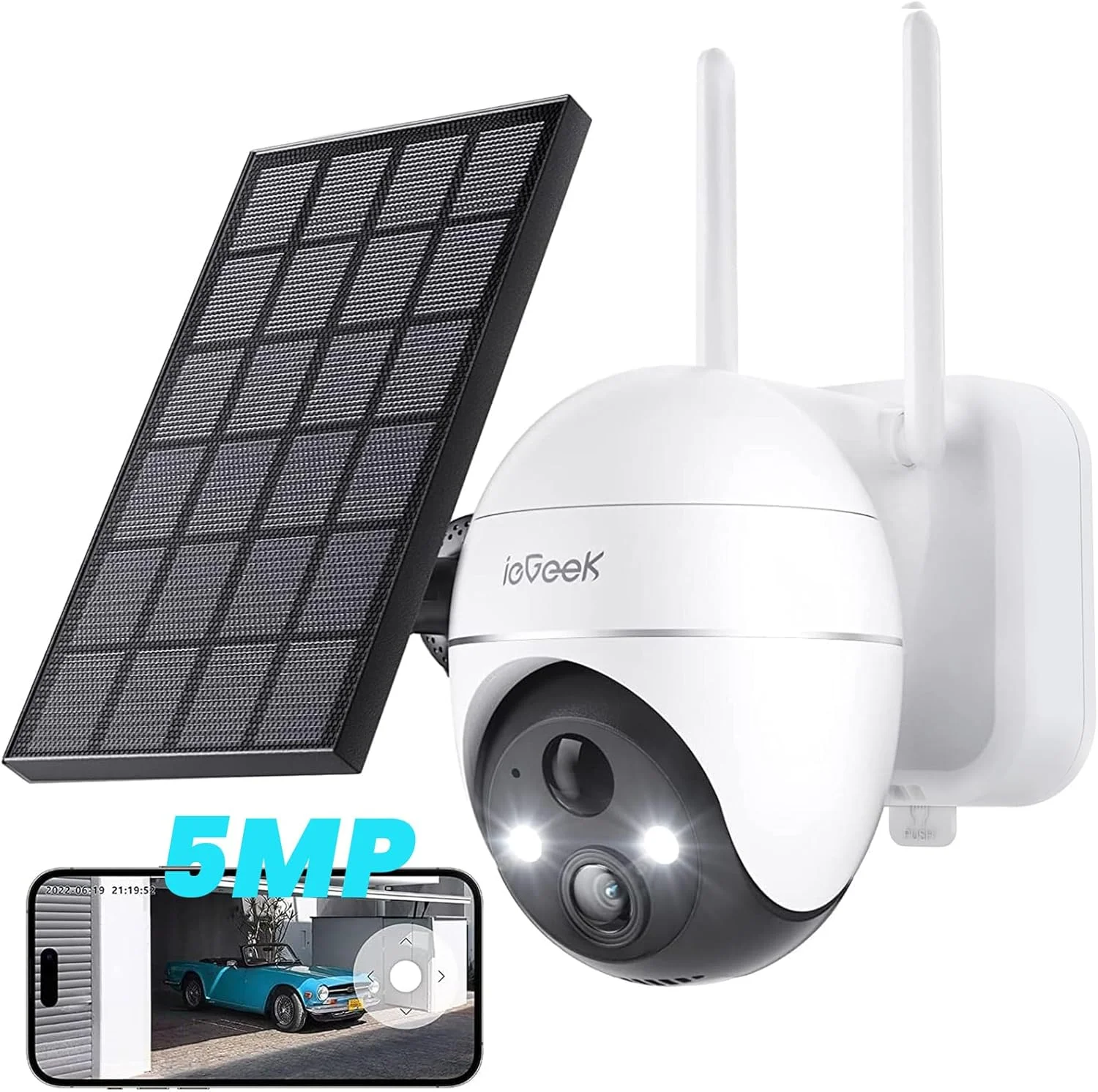 دوربین های امنیتی بی سیم 5 مگاپیکسلی ieGeek برای فضای باز، دوربین خورشیدی بی سیم وای فای 360 درجه PTZ با باتری، دارای نورافکن و آژیر/تشخیص حرکت/دید در شب رنگی/صدای دو طرفه/IP65، سازگار با الکسا