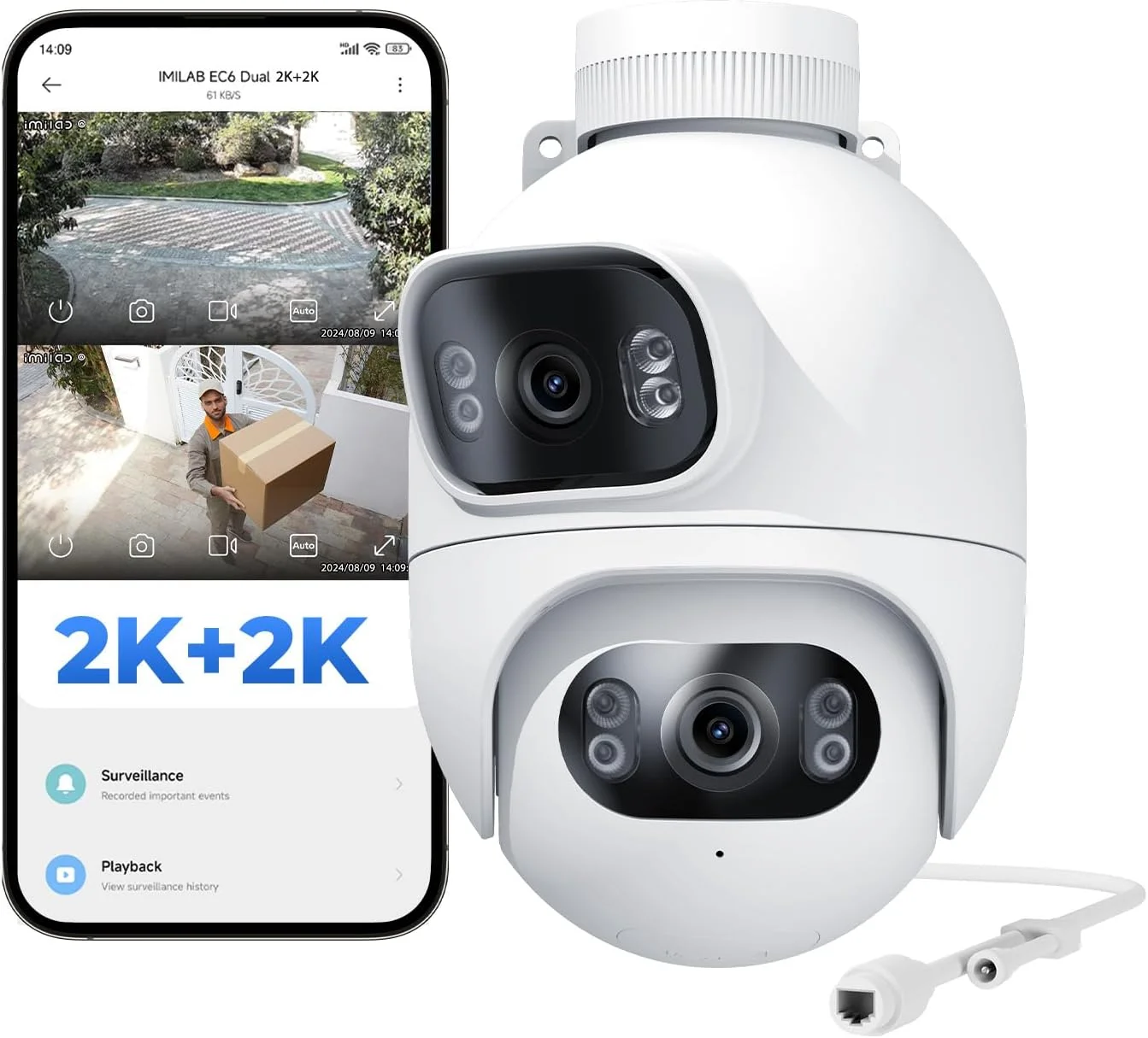 دوربین امنیتی دوگانه بیرونی IMILAB EC6: دوربین 2K با لنز دوگانه برای امنیت خانه، دوربین PTZ بیرونی با پوشش 360 درجه، ضبط 24/7، نورافکن فعال با حرکت، دید در شب رنگی