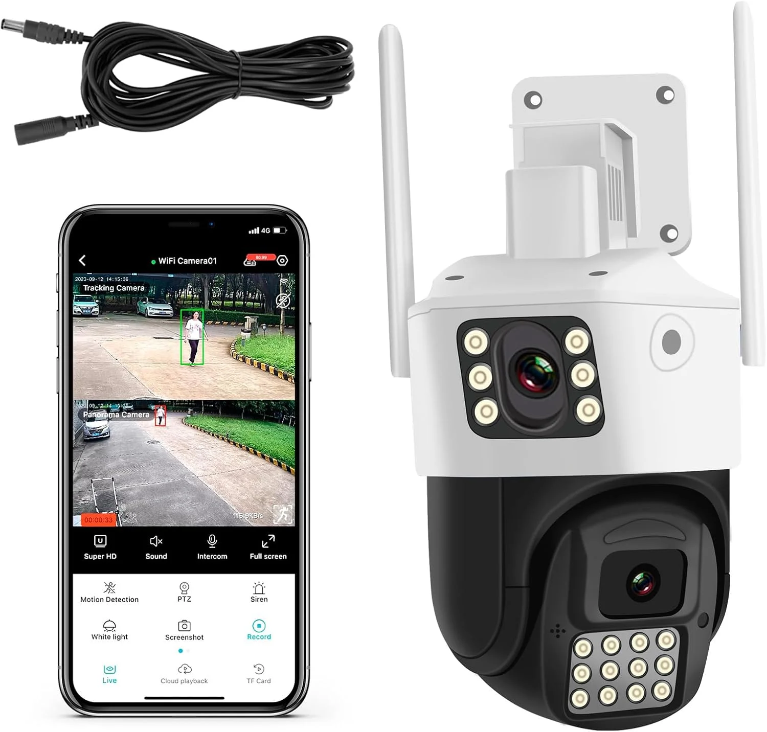 دوربین امنیتی دو لنز 4 مگاپیکسلی INSEETECH مناسب فضای باز، زوم و ردیابی خودکار، دید در شب 98 فوت، ضبط 24/7، IP66، نورافکن، صدای دو طرفه، تشخیص انسان و آژیر، دوربین PTZ وای فای و سیمی مناسب فضای باز