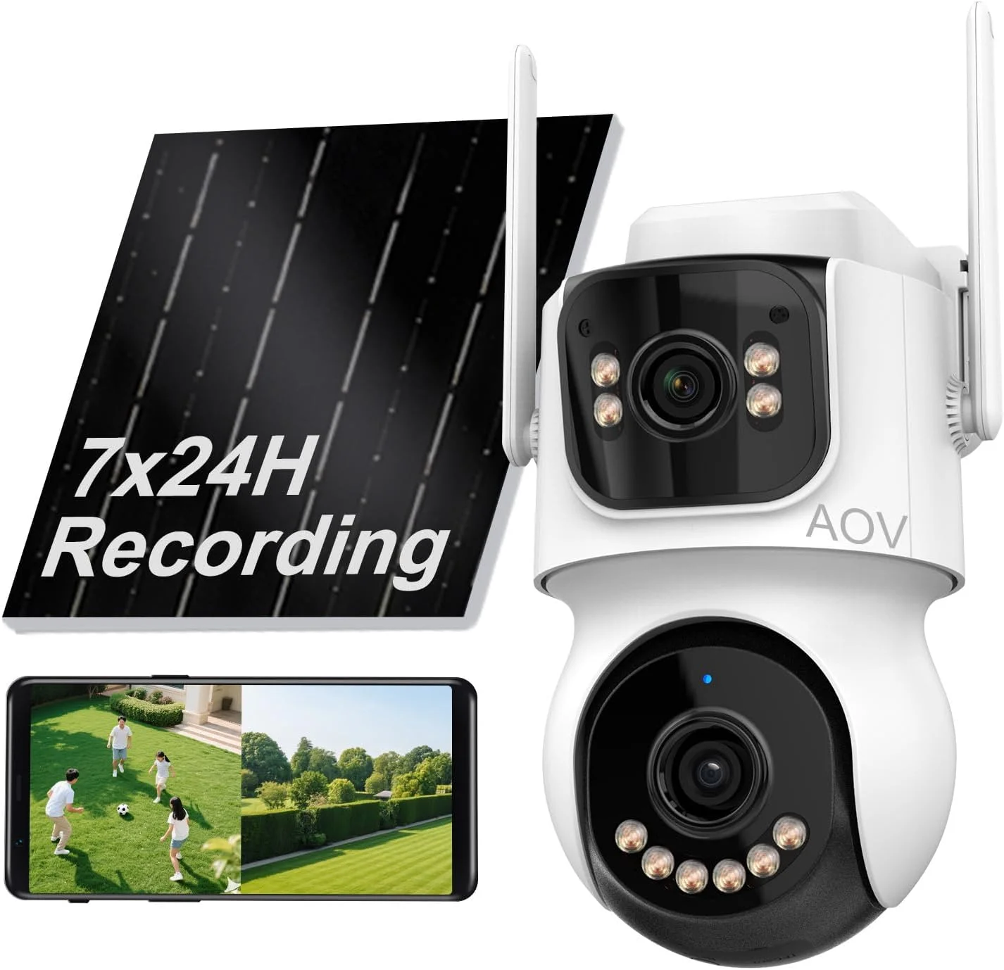 دوربین امنیتی خورشیدی بی‌سیم دو لنز INSEETECH AOV 4K/8MP مناسب فضای باز با پنل خورشیدی 9 واتی، ضبط 24/7، باتری 10000 میلی آمپر ساعتی، ردیابی خودکار، WiFi 6، چرخش 360 درجه PTZ، زوم 10X برای امنیت خانه