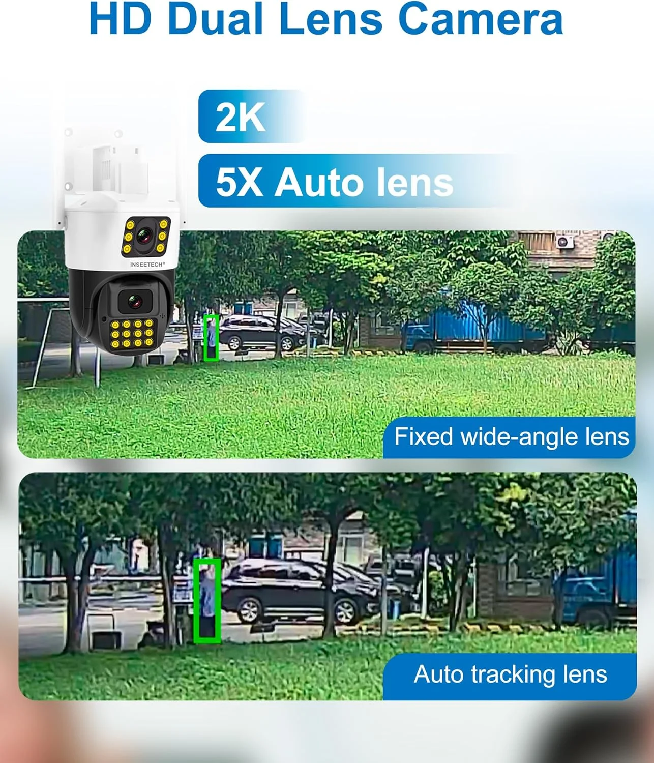 دوربین امنیتی دو لنز 4 مگاپیکسلی INSEETECH مناسب فضای باز، زوم و ردیابی خودکار، دید در شب 98 فوت، ضبط 24/7، IP66، نورافکن، صدای دو طرفه، تشخیص انسان و آژیر، دوربین PTZ وای فای و سیمی مناسب فضای باز