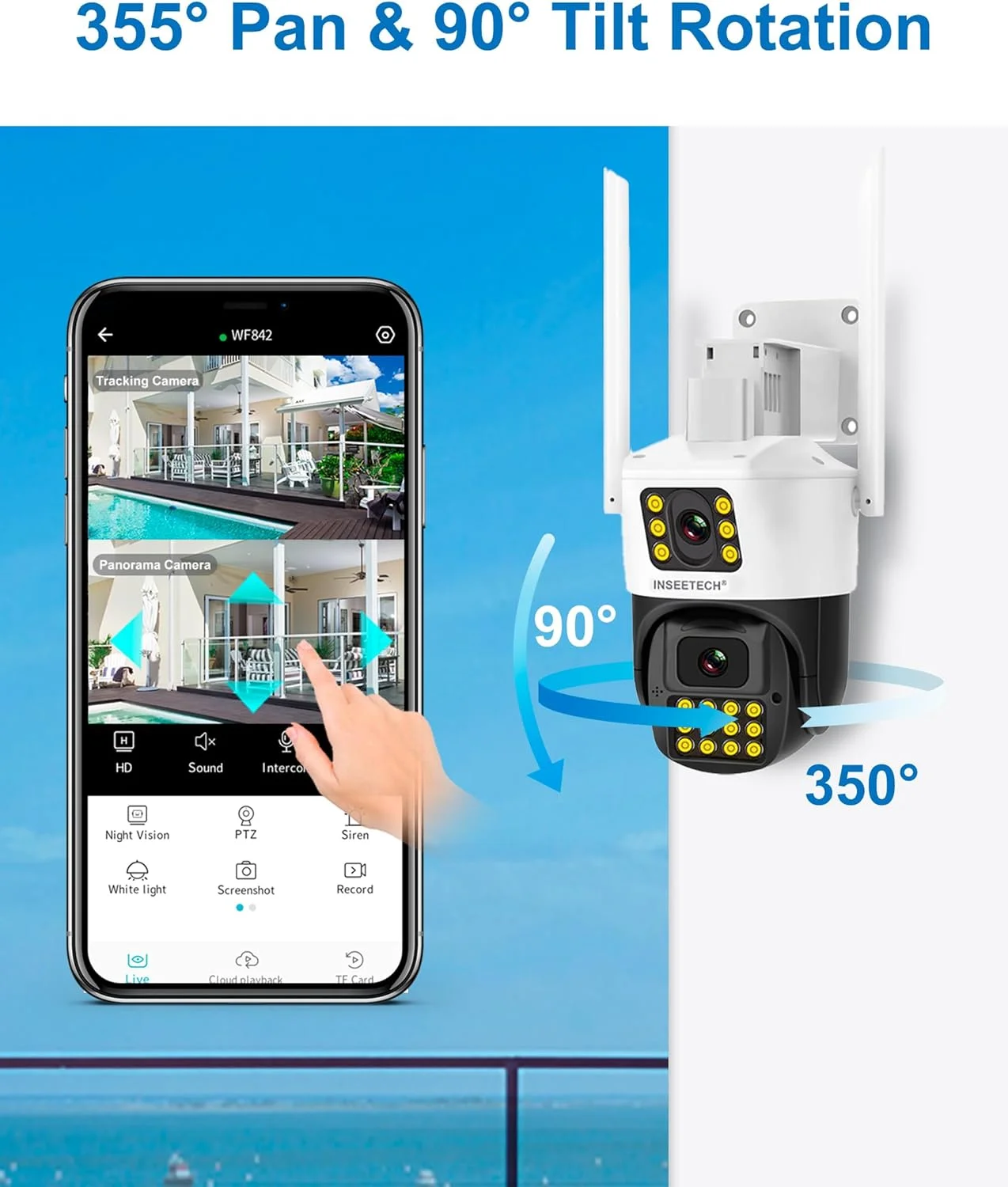 دوربین امنیتی دو لنز 4 مگاپیکسلی INSEETECH مناسب فضای باز، زوم و ردیابی خودکار، دید در شب 98 فوت، ضبط 24/7، IP66، نورافکن، صدای دو طرفه، تشخیص انسان و آژیر، دوربین PTZ وای فای و سیمی مناسب فضای باز