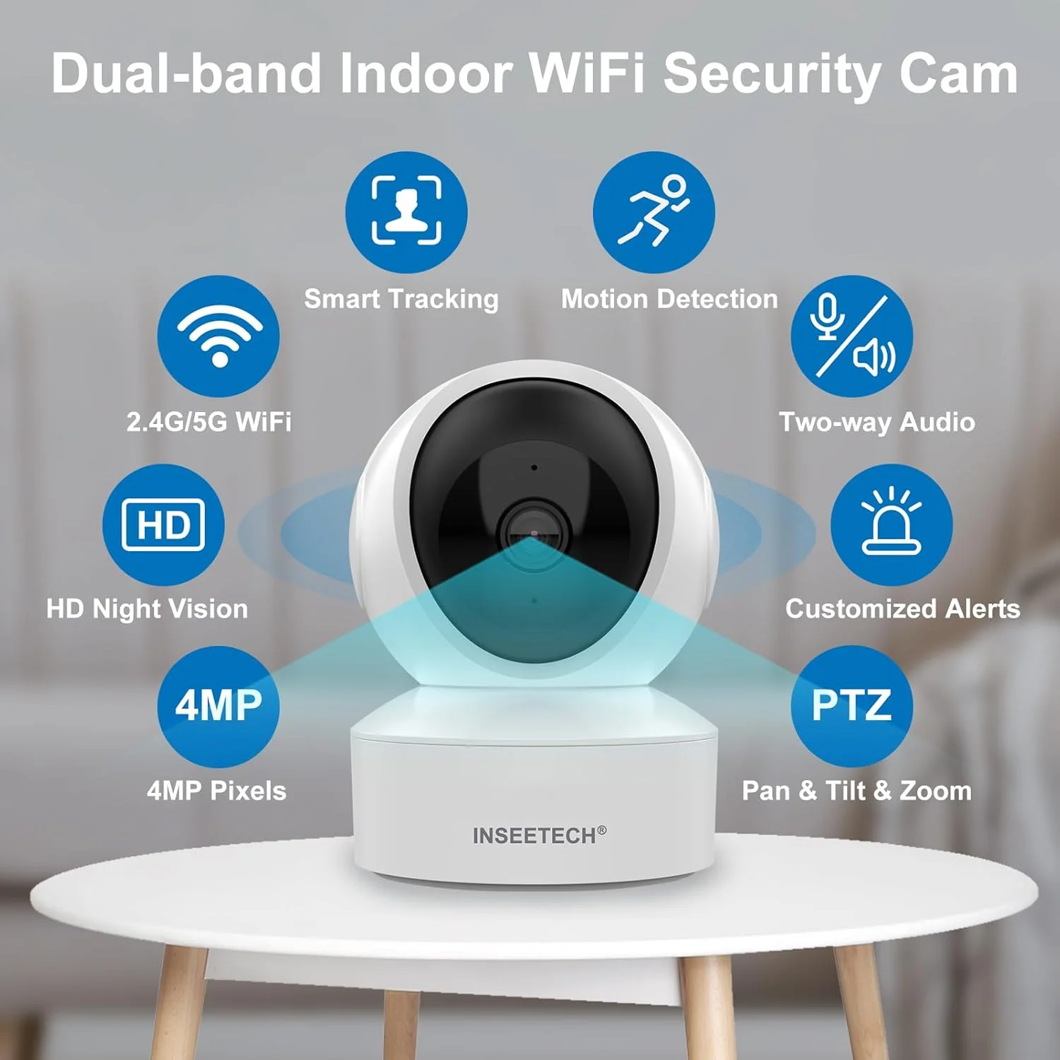 دوربین امنیتی بی‌سیم داخلی 4 مگاپیکسلی، دوربین وای‌فای حیوانات خانگی 2.4/5 گیگاهرتز با قابلیت ردیابی خودکار PTZ، دوربین کودک 5G برای امنیت خانه/منزل سگ و گربه، تشخیص حرکت، کنترل از طریق اپلیکیشن تلفن، 24/7، ارتباط دو طرفه