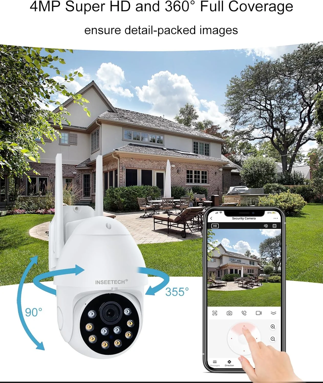 دوربین هوشمند 4 مگاپیکسلی تویا INSEETECH مناسب فضای باز - دوربین امنیتی بی سیم PTZ با نورافکن، دوربین وای فای خانگی، ردیابی خودکار، آژیر، دید در شب، کابل 5 متری - ایده آل برای نظارت بر باغ پشتی