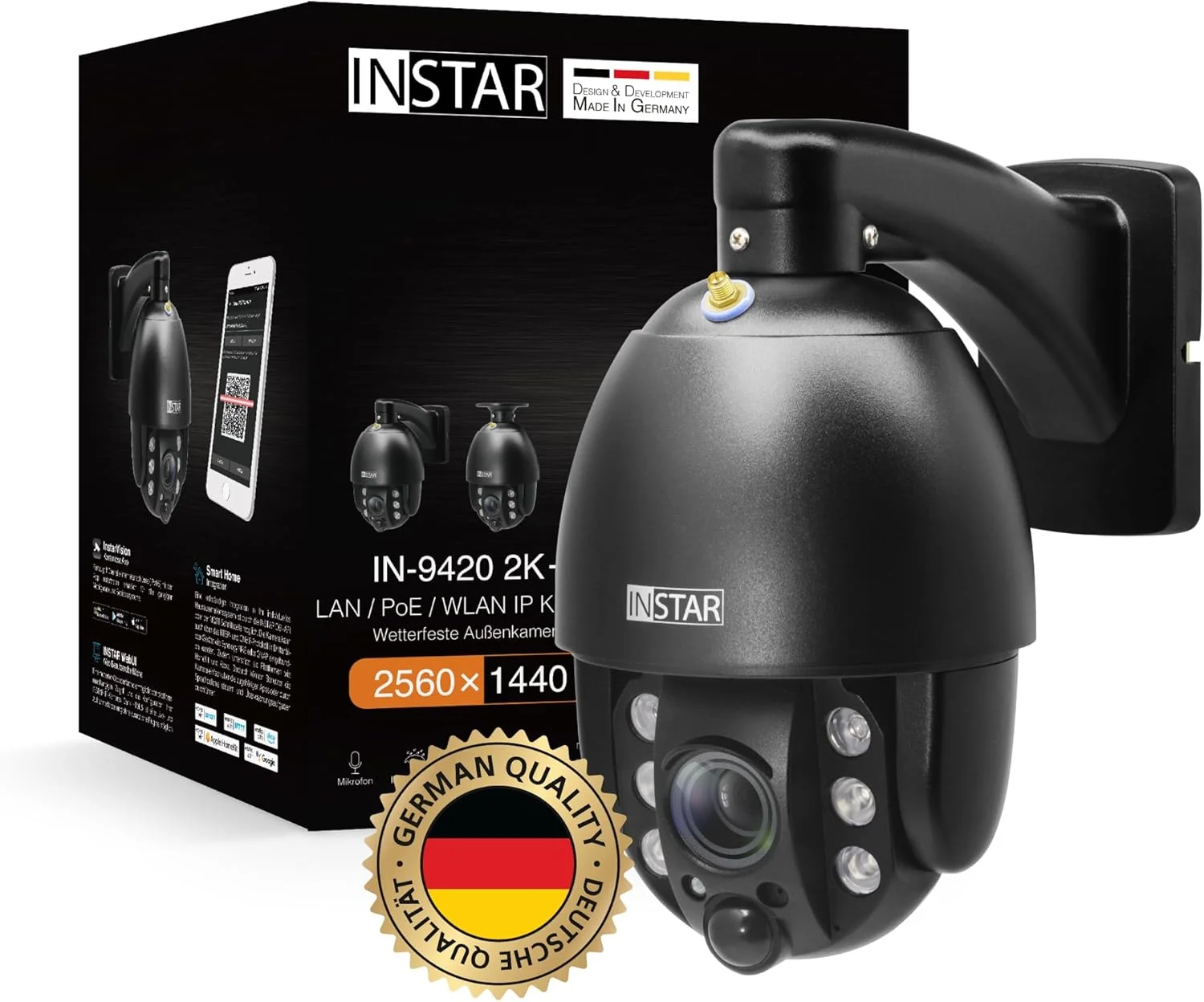 دوربین نظارتی تحت شبکه INSTAR IN-9420 2K+ مشکی - LAN/PoE/WLAN با هوش مصنوعی - دوربین IP - PIR - قابل کنترل PTZ - استفاده در داخل و خارج از خانه - صدا - HomeKit - MQTT