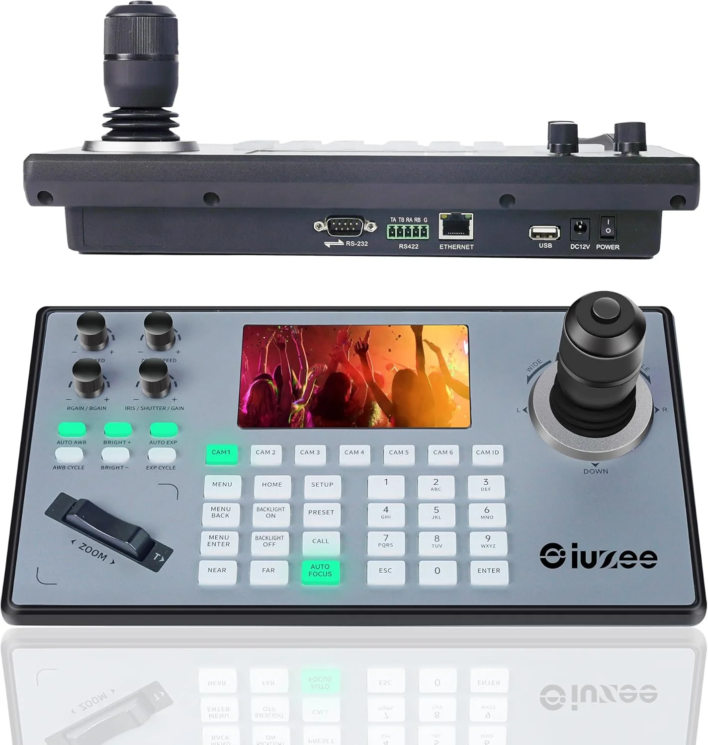 کنترلر دوربین PTZ آی یو زی با جوی استیک 4D، کنترلر کیبورد PTZ تحت شبکه با قابلیت PoE، صفحه نمایش LCD 5 اینچی برای پیش نمایش، مناسب پخش زنده، جلسات، کلیسا و آموزش، پشتیبانی از VISCA PELCO-P PELCO-D RS422 RS485 RS232 RJ45 PELCO-D