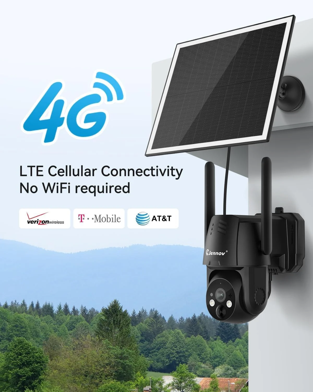 دوربین امنیتی خورشیدی سیم کارت خور 4G LTE Jennov، بدون نیاز به وای فای، دید در شب رنگی 2K، چرخش 360 درجه PTZ، تشخیص حرکت PIR، مکالمه دو طرفه، ضد آب IP65، دارای سیم کارت داخلی