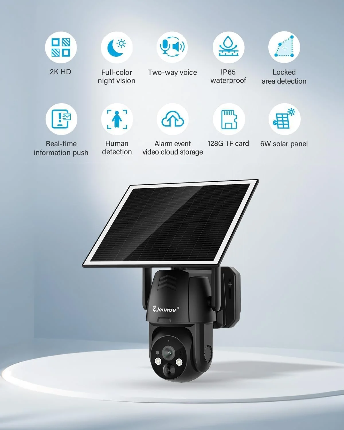 دوربین امنیتی خورشیدی سیم کارت خور 4G LTE Jennov، بدون نیاز به وای فای، دید در شب رنگی 2K، چرخش 360 درجه PTZ، تشخیص حرکت PIR، مکالمه دو طرفه، ضد آب IP65، دارای سیم کارت داخلی