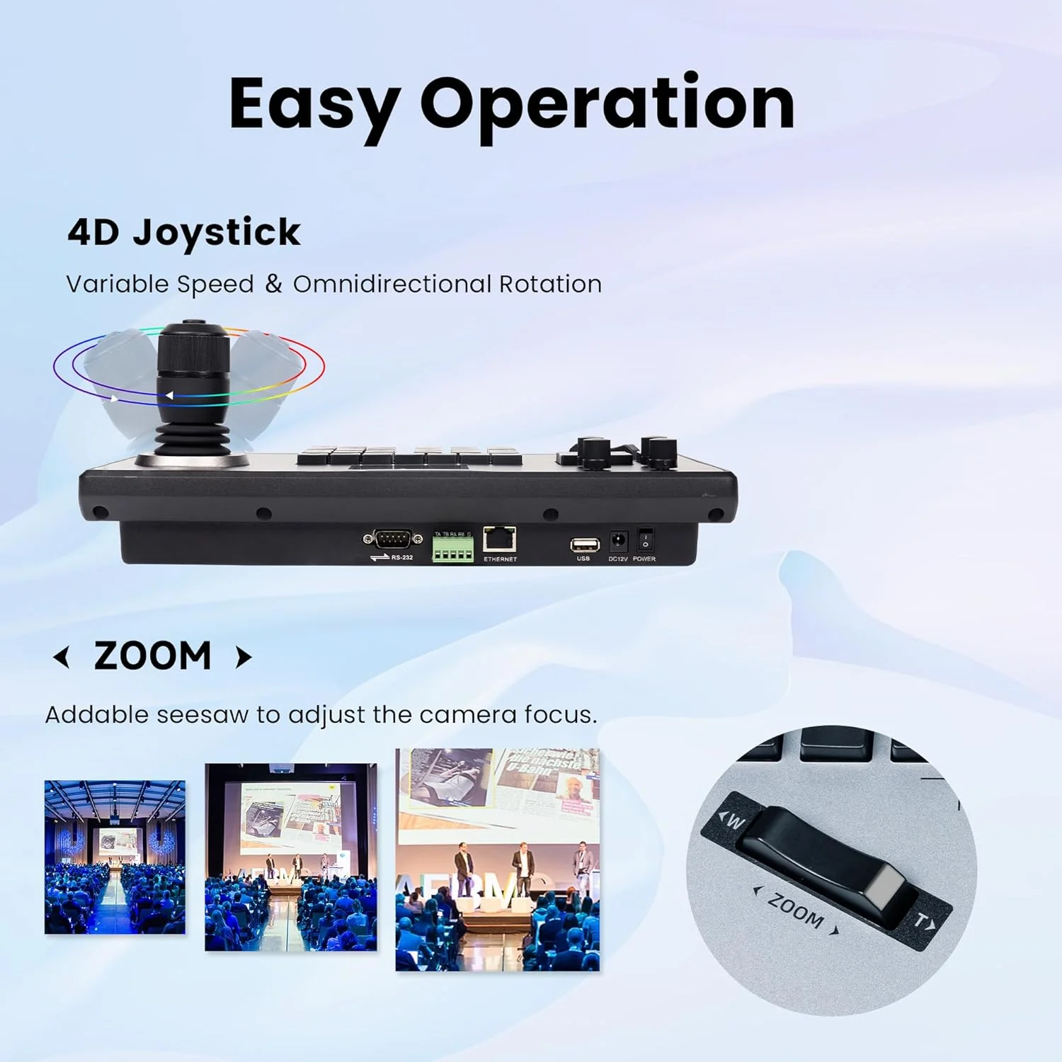 کنترلر دوربین PTZ آی یو زی با جوی استیک 4D، کنترلر کیبورد PTZ تحت شبکه با قابلیت PoE، صفحه نمایش LCD 5 اینچی برای پیش نمایش، مناسب پخش زنده، جلسات، کلیسا و آموزش، پشتیبانی از VISCA PELCO-P PELCO-D RS422 RS485 RS232 RJ45 PELCO-D