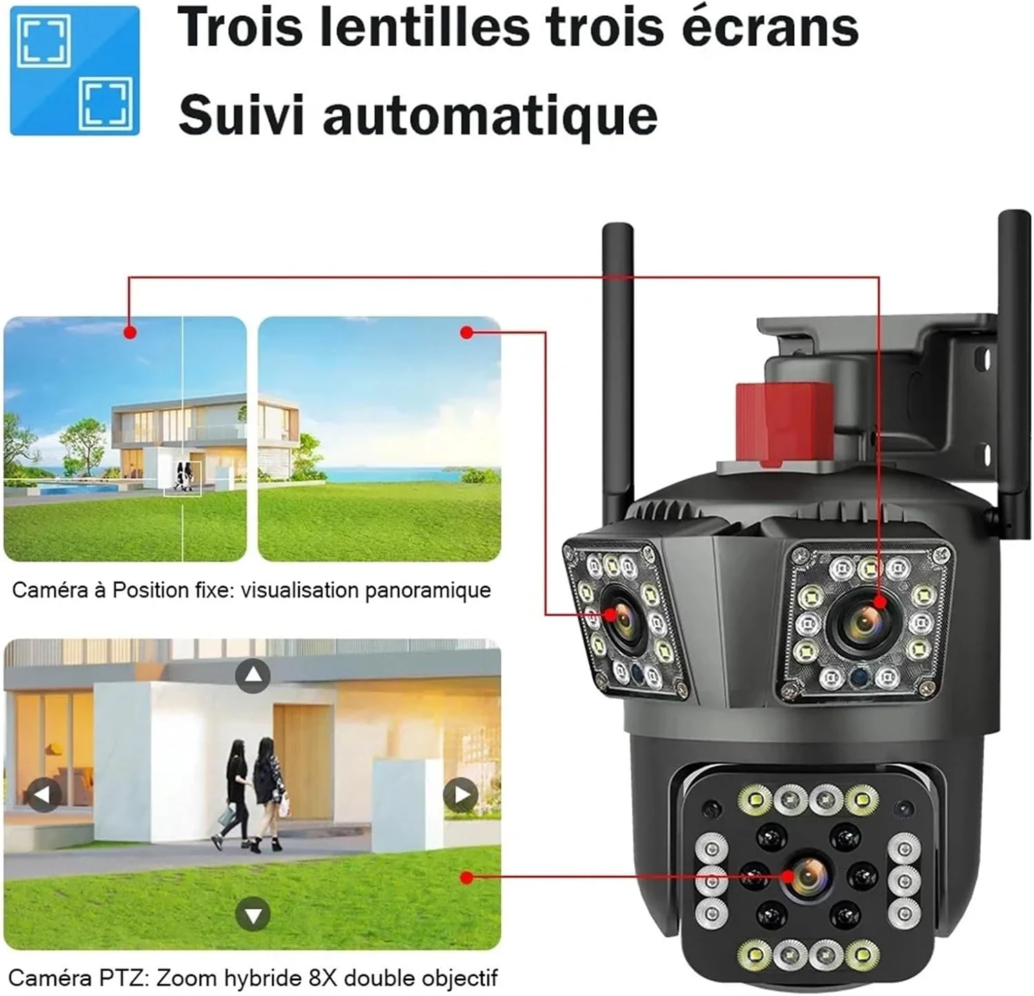 دوربین امنیتی منزل 12 مگاپیکسل PTZ 8K با لنز دوگانه و صفحه نمایش، دوربین فضای باز با سه صفحه نمایش محافظت، تشخیص حرکت، دوربین های مداربسته نظارتی IP در فضای باز (فقط 1 عدد دوربین)
