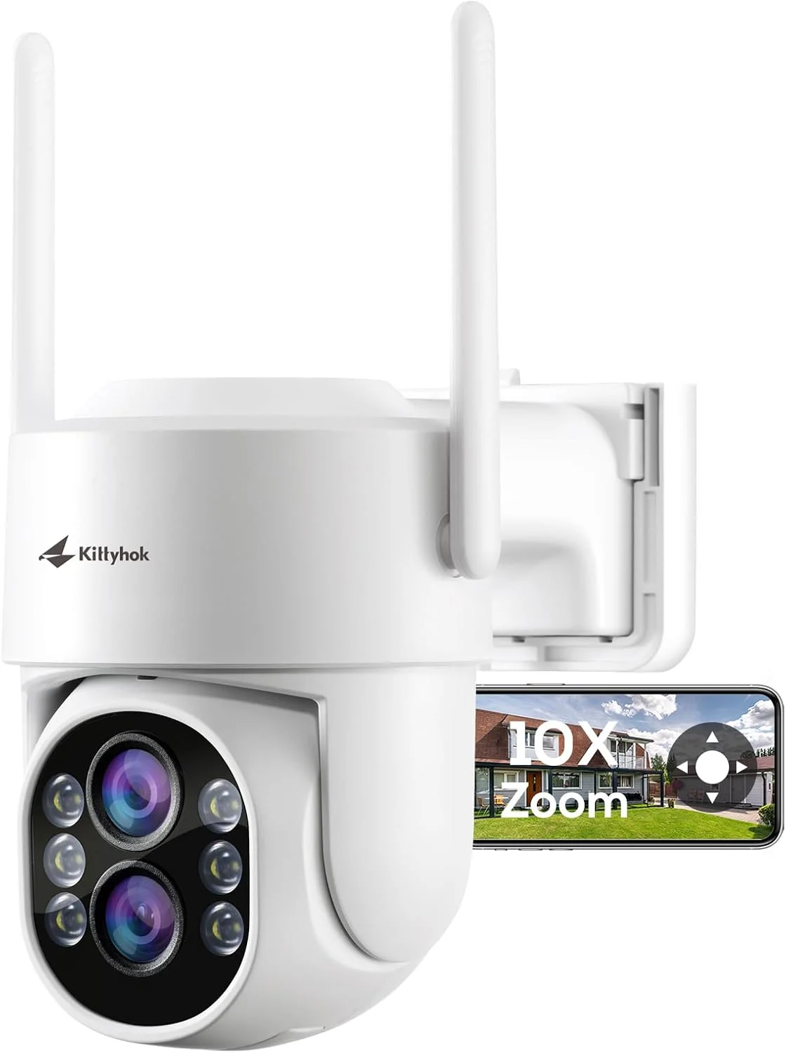 دوربین امنیتی بی‌سیم PTZ دو لنز Kittyhok مناسب فضای باز | دوربین امنیتی بی‌سیم 2K FHD با زوم هیبریدی 10X، دید 360 درجه، ردیابی خودکار، نورافکن، تشخیص انسان، پشتیبانی از کارت SD