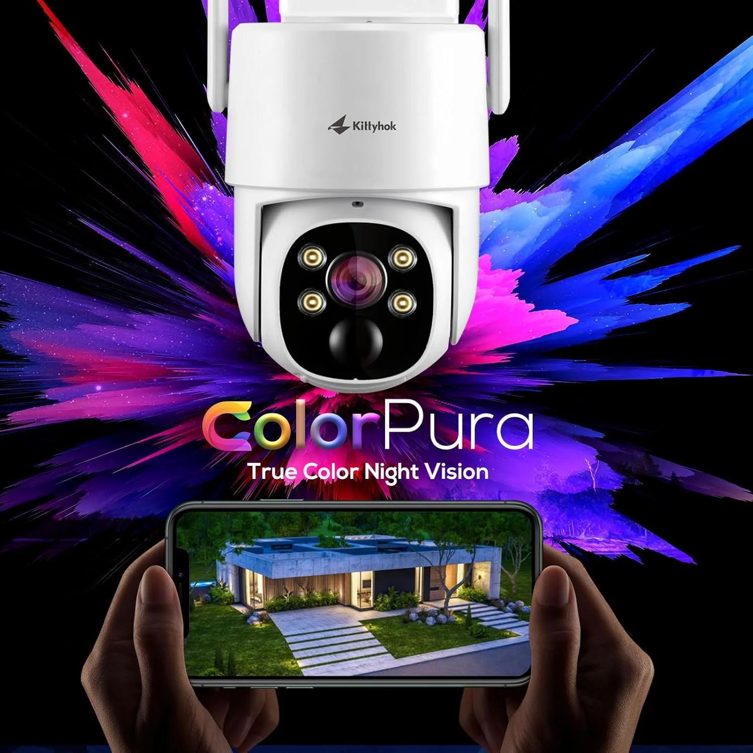 دوربین امنیتی بی‌سیم گردان خورشیدی Kittyhok، دید در شب رنگی واقعی، تغذیه با انرژی خورشیدی، کیفیت 2K FHD، تشخیص انسان، صدای دو طرفه، ضد آب IP66، ضبط محلی برای امنیت خانه