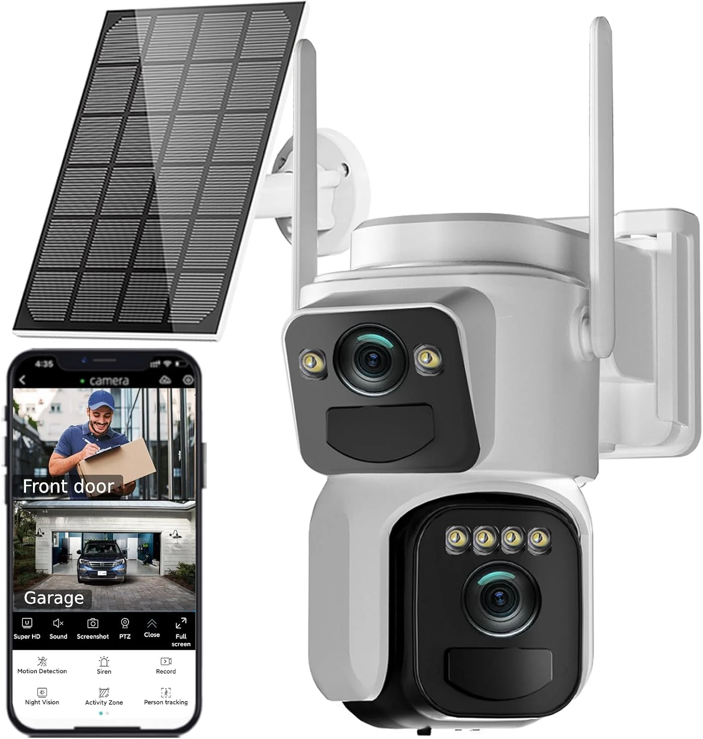 دوربین امنیتی خورشیدی 6 مگاپیکسلی بی سیم مناسب فضای باز، دوربین وای فای 2.4 گیگاهرتزی 360 درجه PTZ با لنز دوگانه برای امنیت خانه با دید در شب رنگی، ردیابی خودکار، تشخیص انسان، آژیر نورافکن